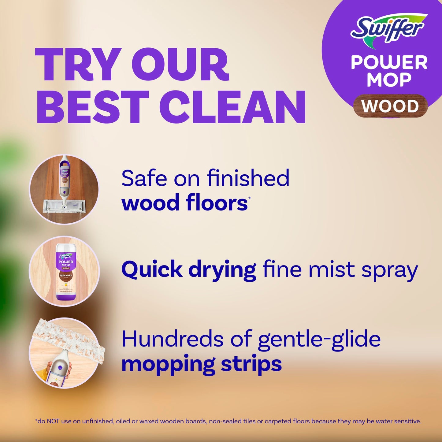 Swiffer Power Mop Wood, Hardwood Floor Cleaner for Mopping Home, All Purpose Multi-Surface Cleaning Set Includes PowerMop Wood, 2 Pads, 1 Quickdry Lemon Solution, & 2 Batteries, 5 Count