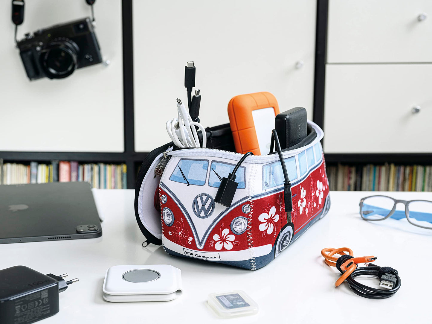 BRISA VW Collection - Volkswagen Neoprene Universal Makeup Cosmetics Toiletry Travel Pharmacy Bag in T1 Bus Design (Hibiscus/Red) (Large (30 x 14 x 12 cm))