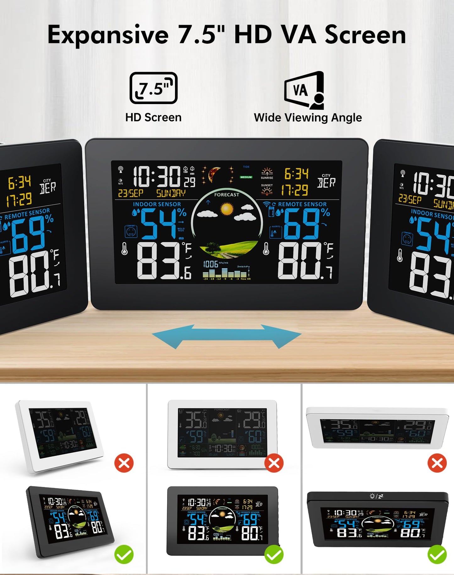 Zivron Weather Station Wireless Indoor Outdoor Thermometer, 7.5" VA Display with Remote Sensor, Home Weather Station with Weather Forecast, Temperature, Humidity, Atomic Clock, Moon Phase, Black