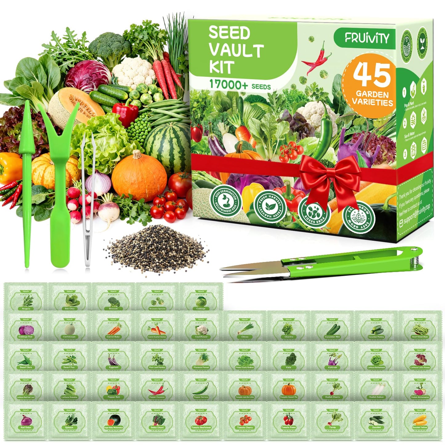 45 Vegetable Seeds Variety Pack - 17,000+ Non-GMO Heirloom for Planting Garden Seed Packets, Indoor & Outdoors Gardening -Seed Vault Kit, Friend Gift,Tomato Cabbage Spinach Cucumber Lettuce