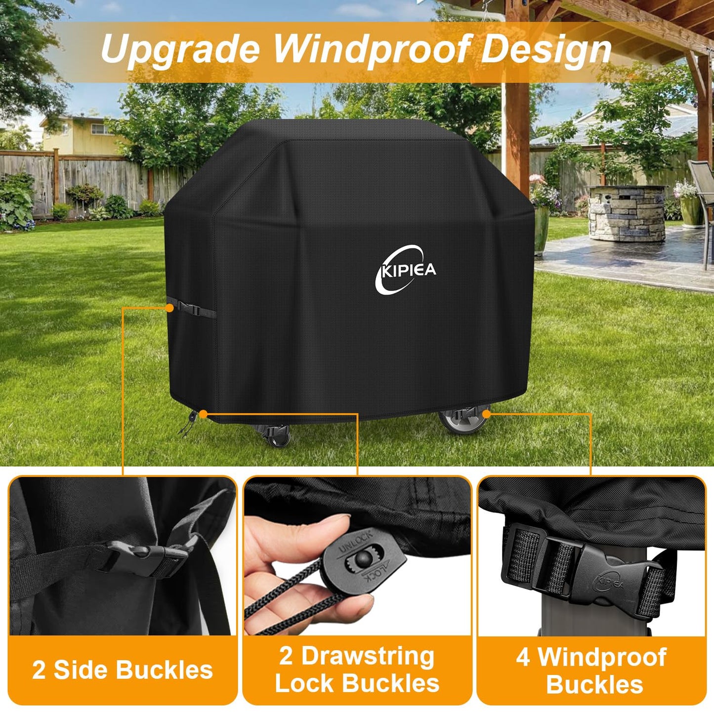 Kipiea Upgrade BBQ Covers 52 inch, Heavy-Duty Barbecue Covers, Universal Gas Grill Covers with 4 Windproof Buckles, No Tears Anti UV No Fading (52" W x 26" D x 43" H)