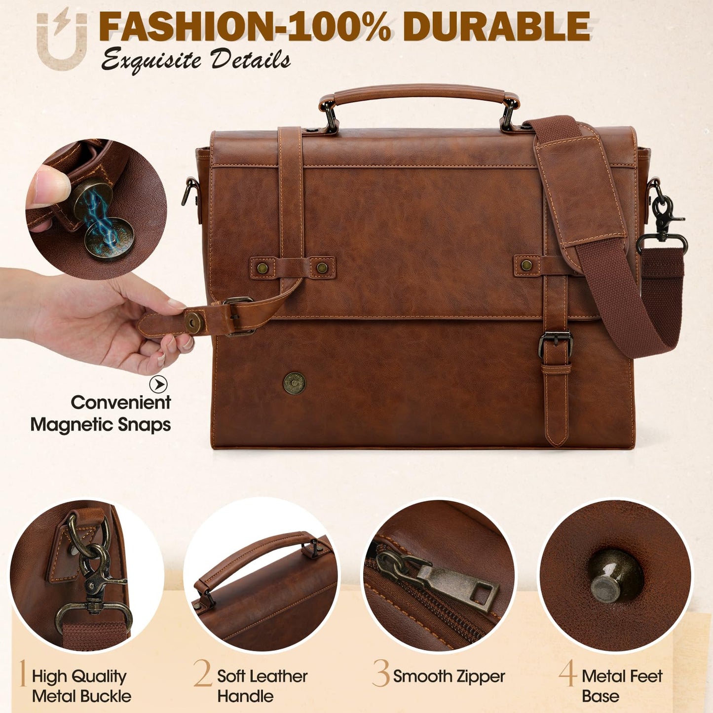 Messenger Bag Men 17 Inch Laptop Bag Vintage PU Leather Computer Briefcase Waterproof Satchel Bag Retro Shoulder Bag for Office Work Business Travel College,Brown