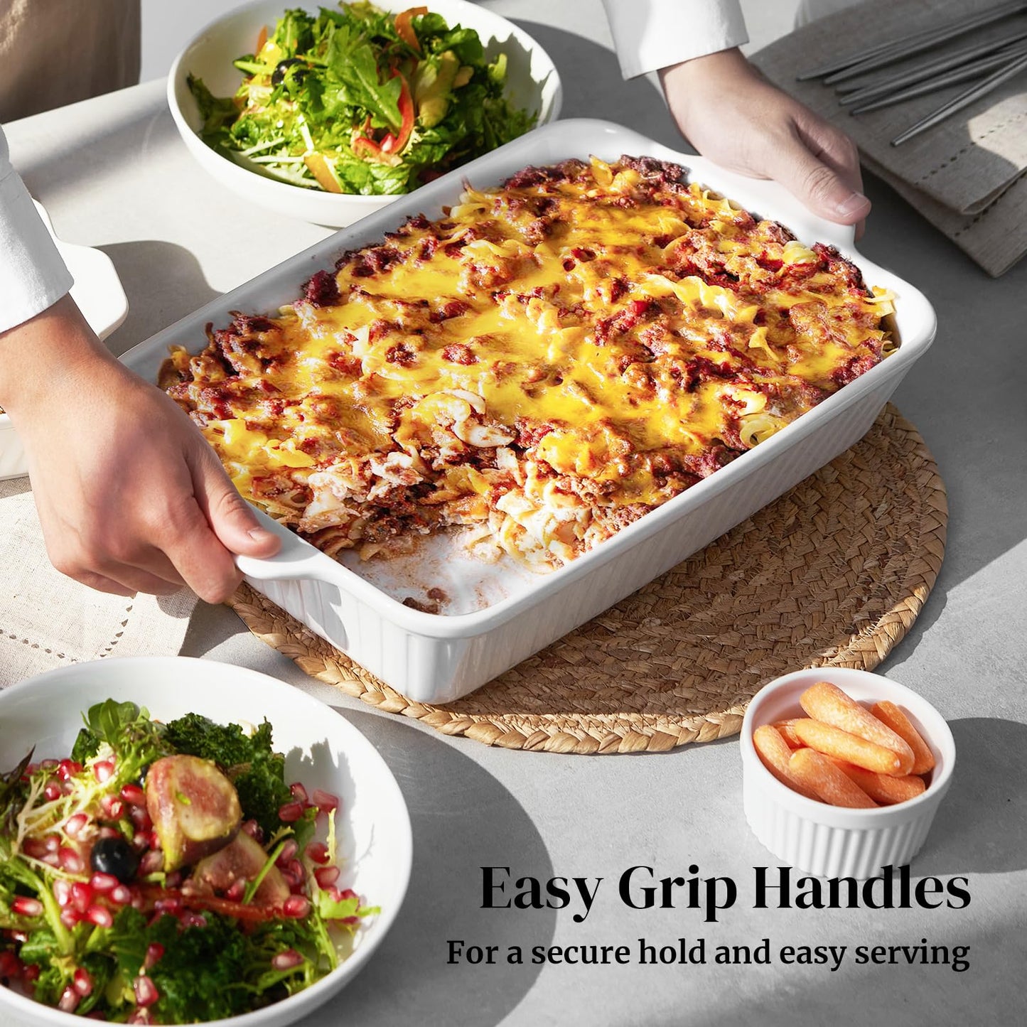 DOWAN Casserole Dishes for Oven, Baking Dishes Set, Ceramic Bakeware Sets of 3, Lasagna Pan Deep, Rectangular Baking Pan Set with Handles for Baking, Casserole, Kitchen, Wedding Gift, Soft White (15.6