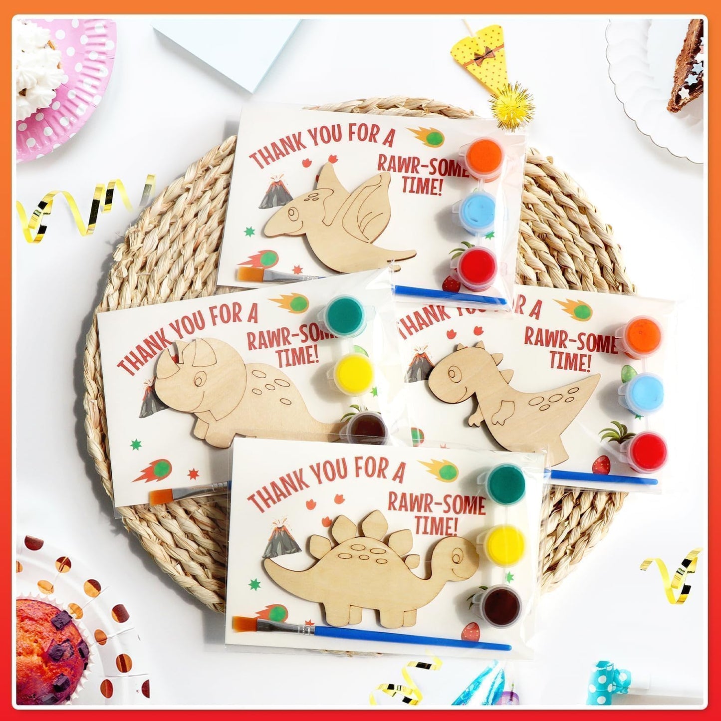 12-Pack Pre-Packaged Dinosaur Party Favors for Kids, Wooden Dinosaur Cutouts with Magnets & Painting Kits, Thank You Gifts for Guests, Dino Theme Birthday Party Decorations
