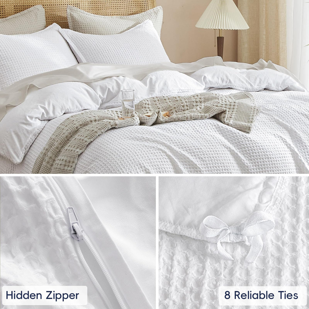 PHF Waffle Weave Duvet Cover Set Queen Size, No Snagging Ultra Soft Luxury Textured Comforter Cover for All Season 3pcs, Durable Bedding Duvet Set with 2 Pillow Shams, 90"x90", White