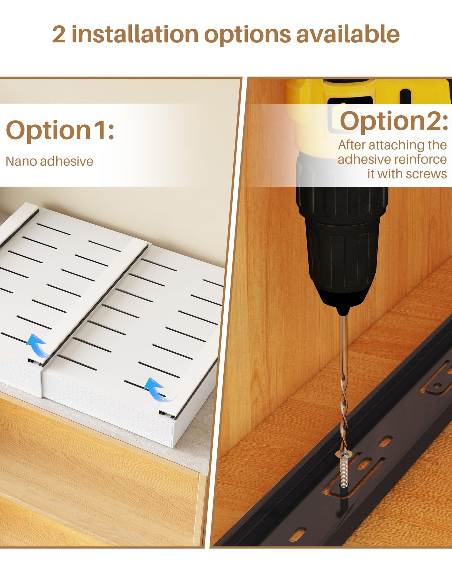 UMDONX 2 Pack Expandable Pull out Cabinet Storage Organizer Kitchen Cupboard Drawers, No Drill Adhesive Pantry Shelf Peel and Stick Sliding Rack(Durable Metal White Load 65LBS 21"Deep)