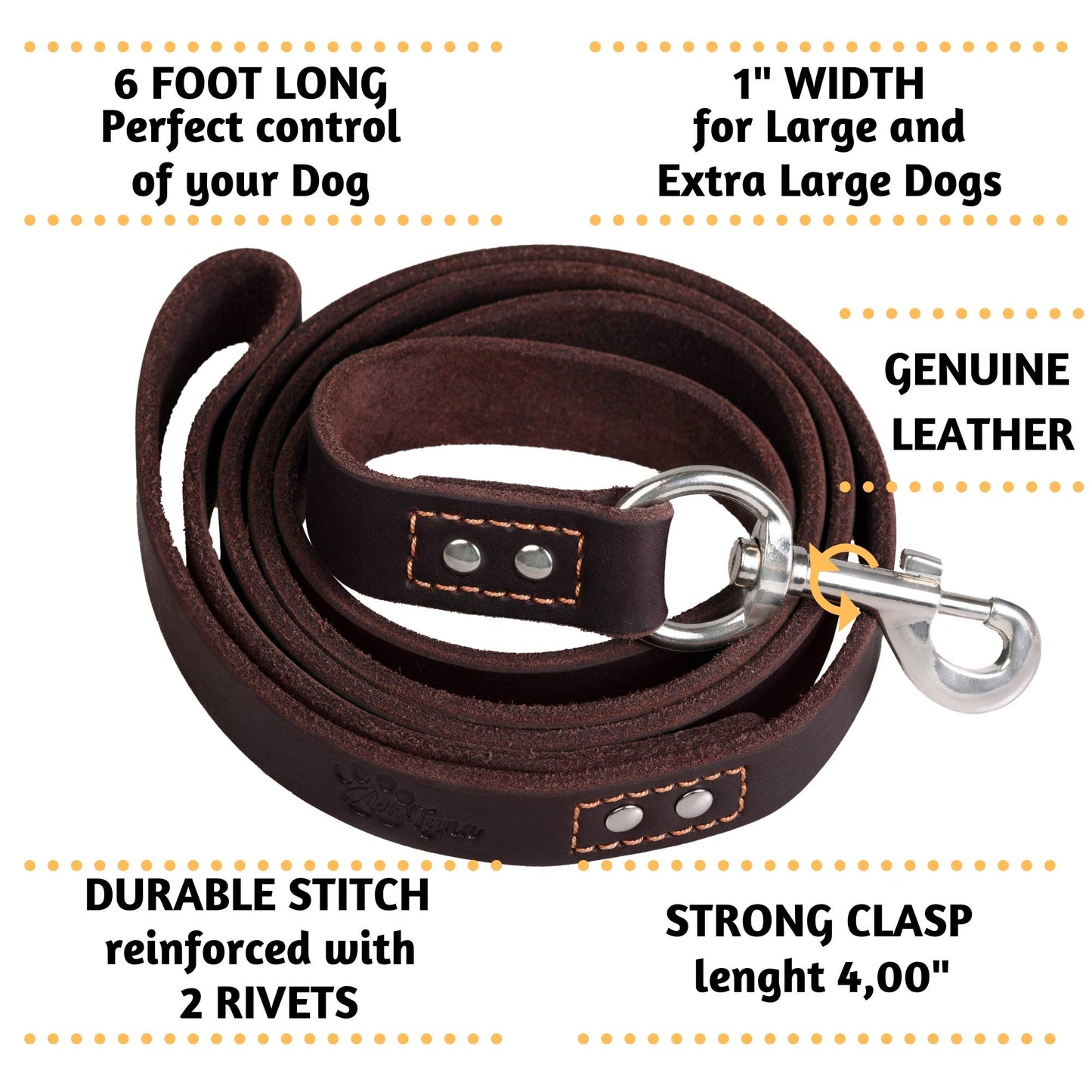 ADITYNA Leather Dog Leash 6ft - Dog Training Leash for Small, Medium, Large, and Extra-Large Dogs - Laisse Pour Chien (Brown, Extra-Large Dogs: 6 ft x 1")