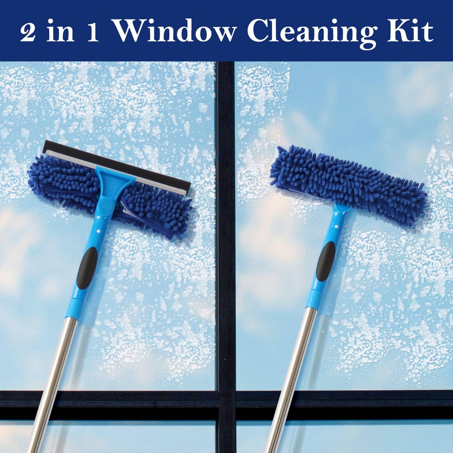Terafeels 110.23in / 280cm Window Cleaning Tools, Window Squeegee: 2 in 1 Double-Sided Professional Cleaner Window Washing Kit with Extension Pole (Dark Blue)