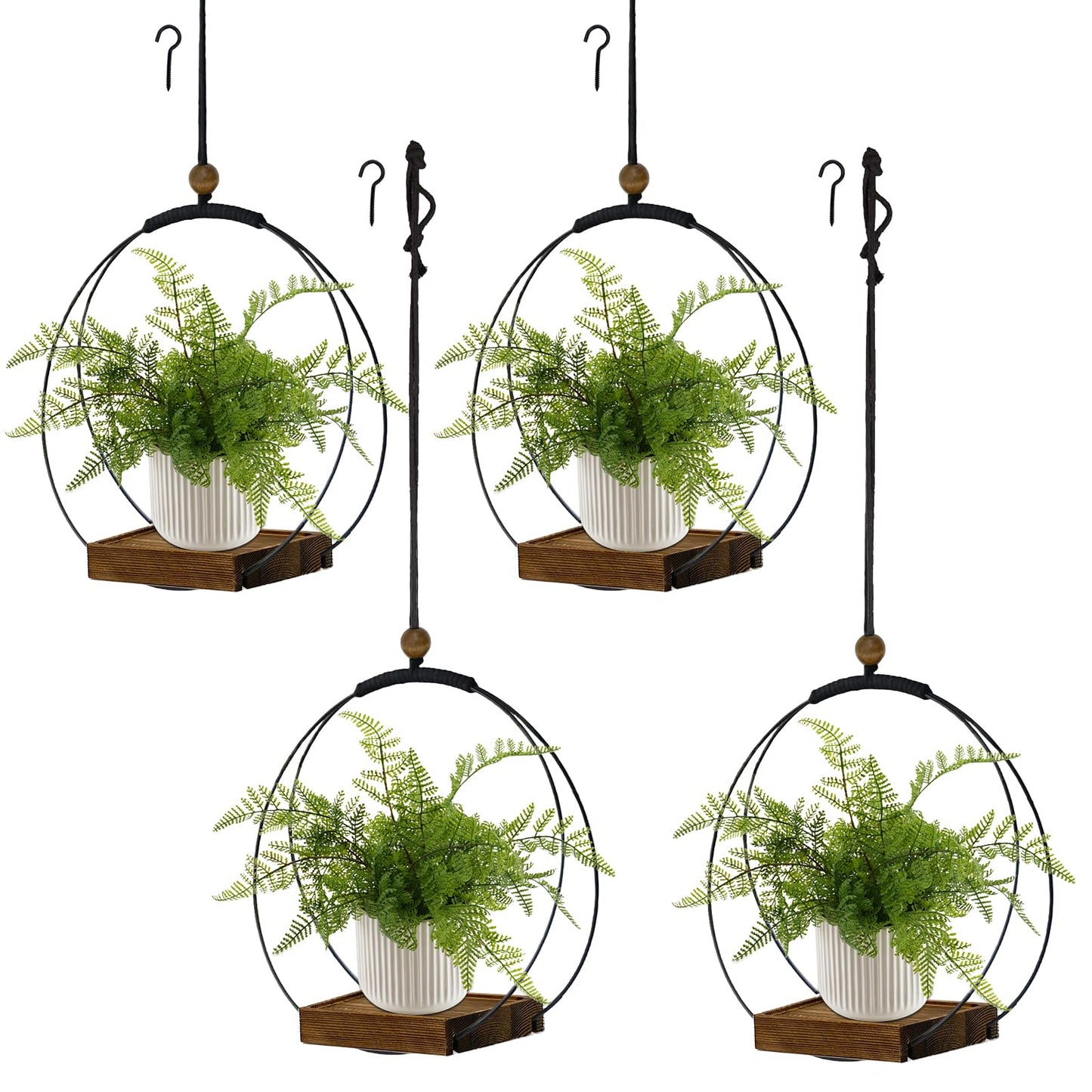 hismocal 4 Pack Hanging Planters for Indoor Plants,Plant Hanger with Sturdy Wood Base,Modern Boho Macrame Plant Hanger,Wall Ceiling Window Stands(Plants/Pots Not Included)