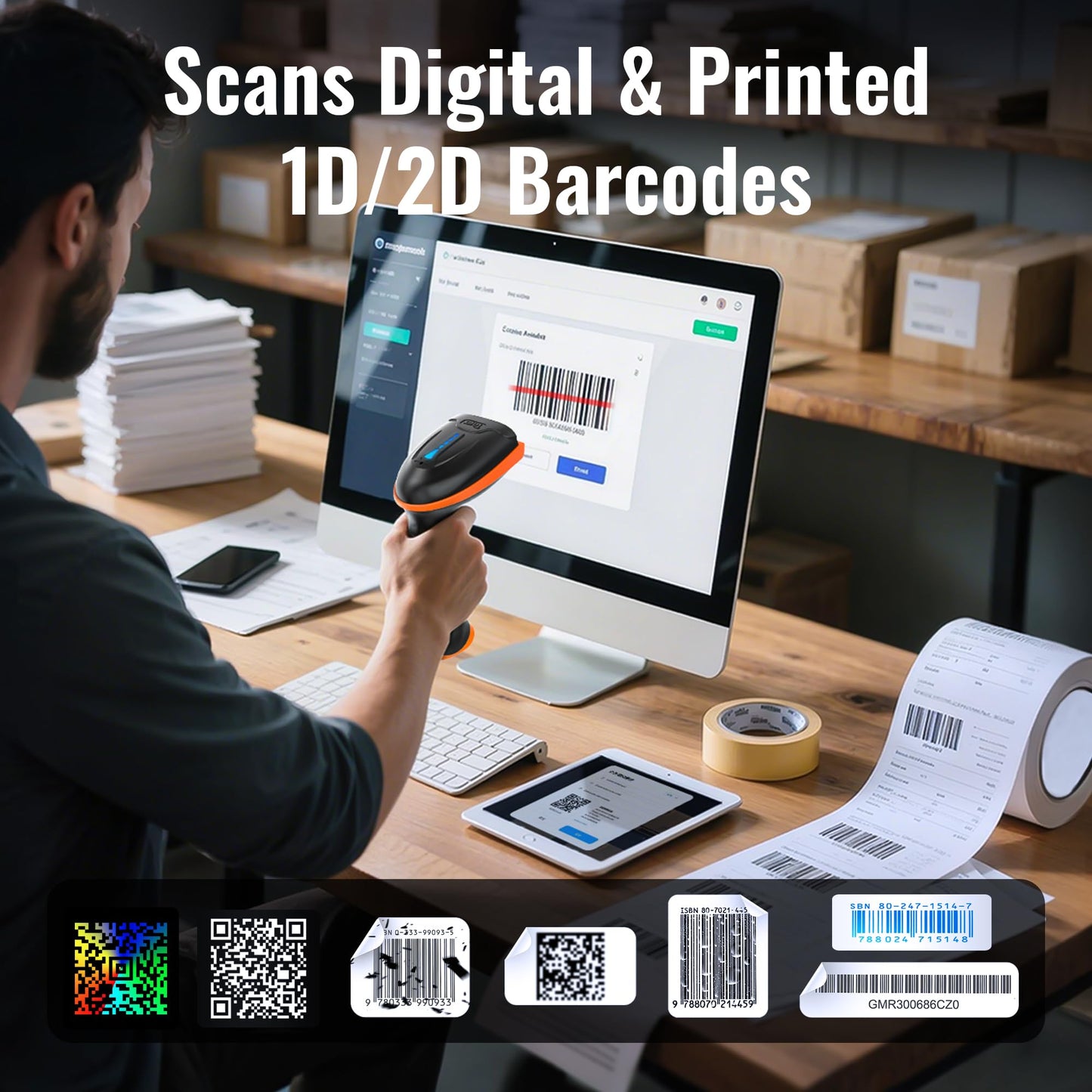 Tera 1D 2D QR Wireless Barcode Scanner with Stand Versatile 2-in-1 2.4G Wireless & USB 2.0 Wired with Battery Level Indicator Cordless CMOS Image Barcode Reader for Supermarket Mobile Payment D5100-Z