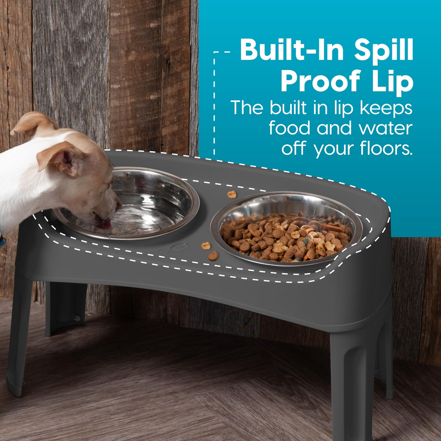 IRIS USA Elevated Dog Bowls, Adjustable Height, 2 Thick 1.9 L Stainless Steel Bowls, Spill-Proof with Raised Outer Rim, Durable Plastic, Easy Assemble, 2 Heights 11.8 or 31.1 cm, Dark Gray