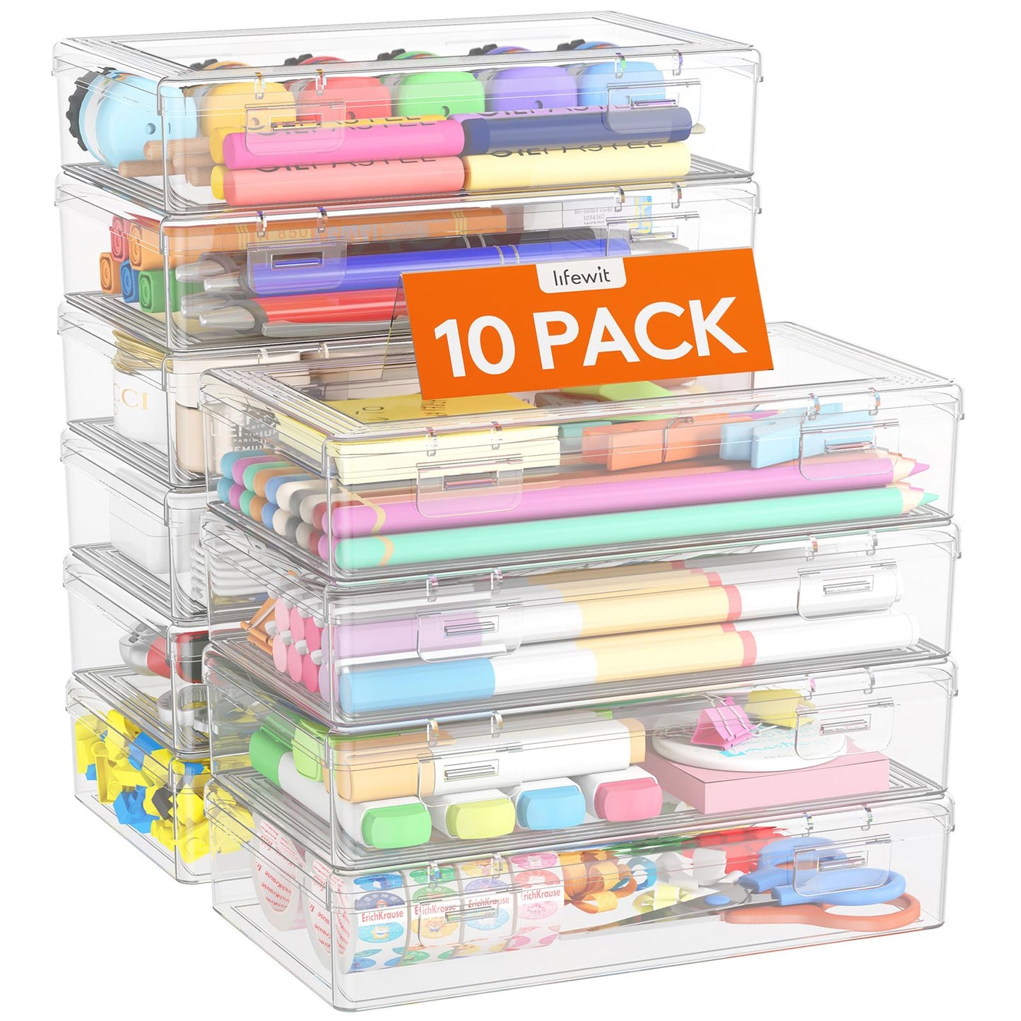 Lifewit Plastic Pencil Box with Snap-tight Lid, Large Capacity Hard Pencil Case Containers, Stackable Craft Pen Holder Clear Desk Drawer organizer and Storage for Art Supply, Office, 10 Pack