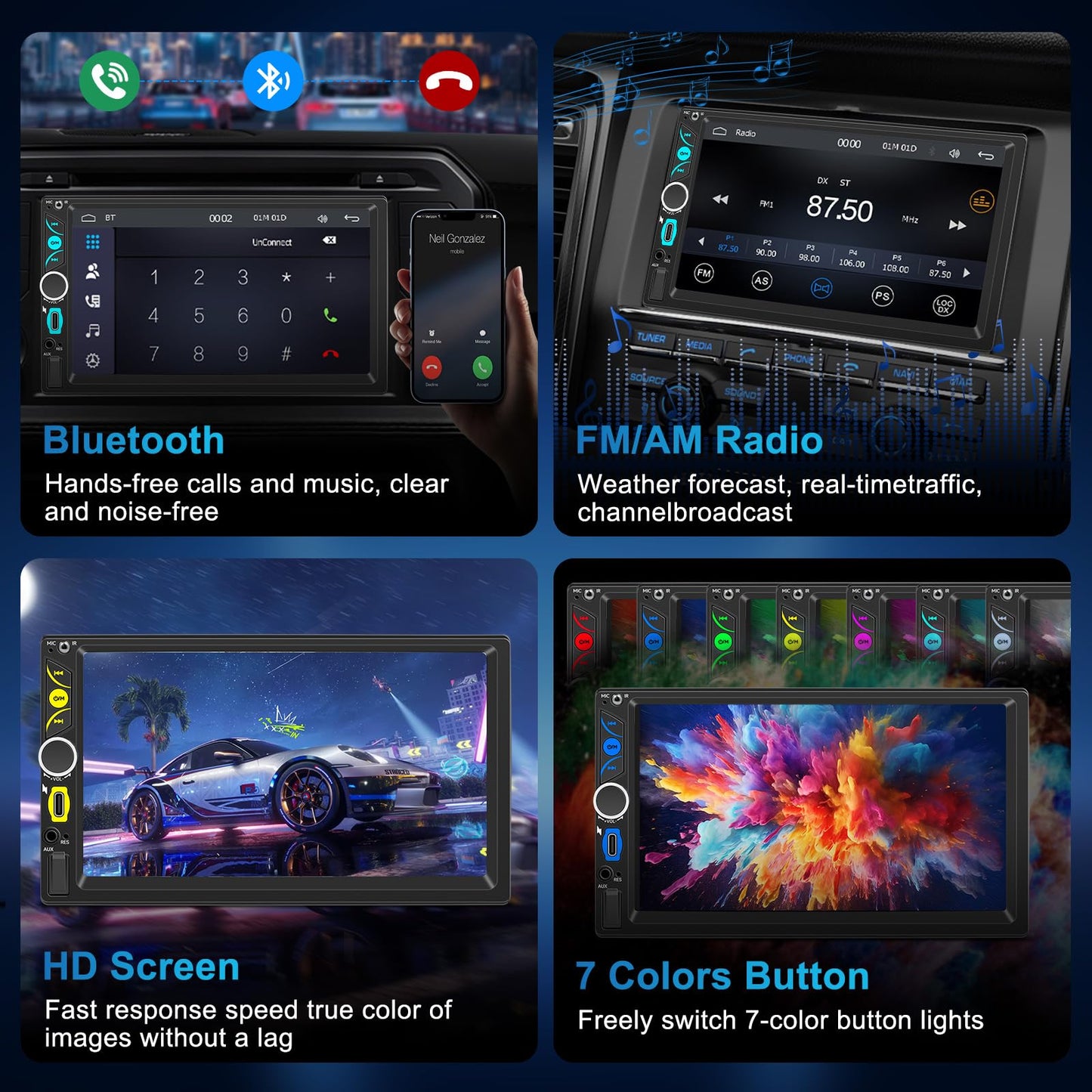 7" Wireless Double Din Car Stereo Carplay Radio Screen for Car Audio Receivers, Car Stereo with Backup Camera, Car Play Android Auto Touchscreen, Mirror Link, Bluetooth, SWC, AM/FM, Type-C