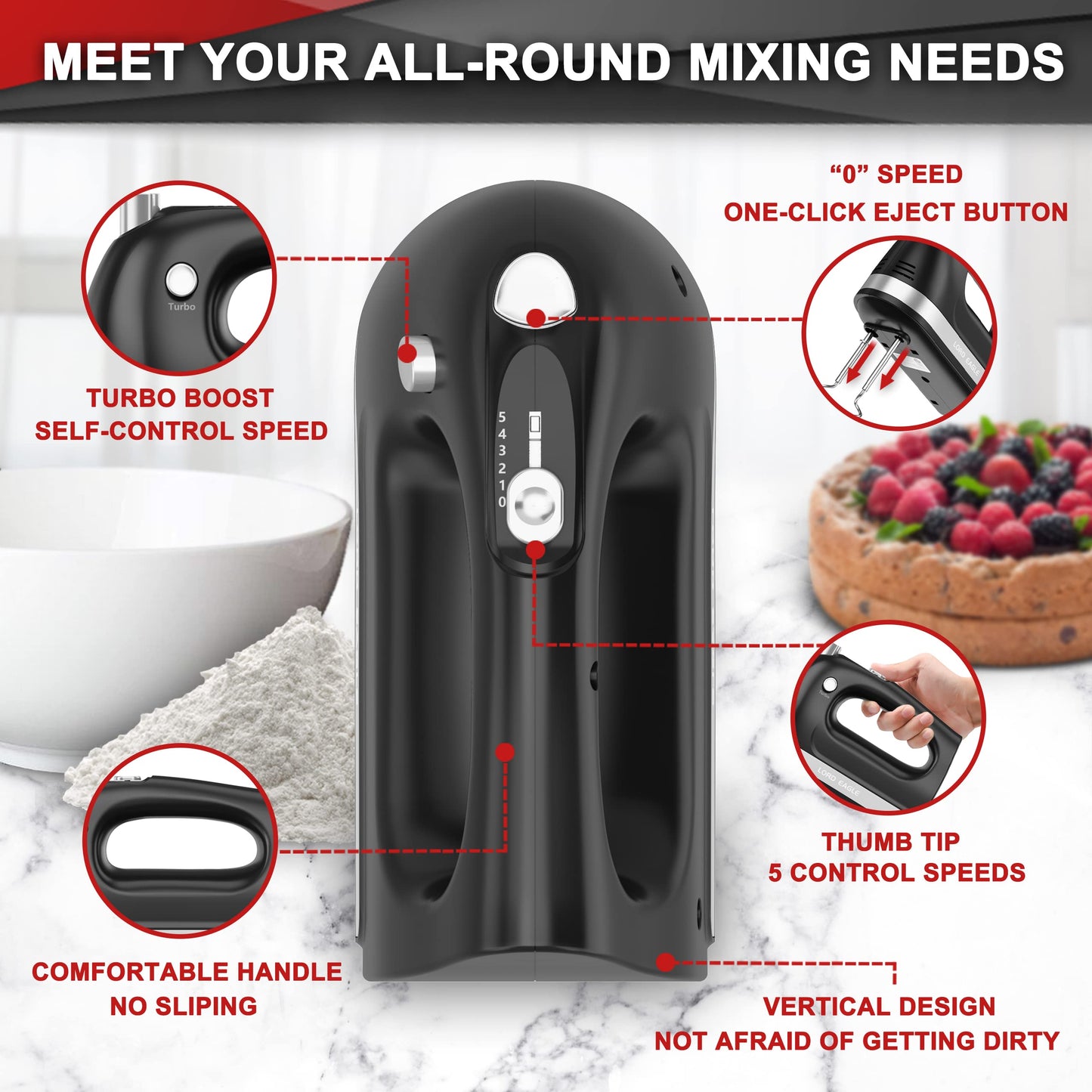 Lord Eagle Hand Mixer Electric Handheld 400W, 5-Speed Lightweight Kitchen Mixer with Storage Case, 5 Stainless Steel Attachments for Baking Cake Egg Cream Food Beater, Turbo+Eject Button, Black
