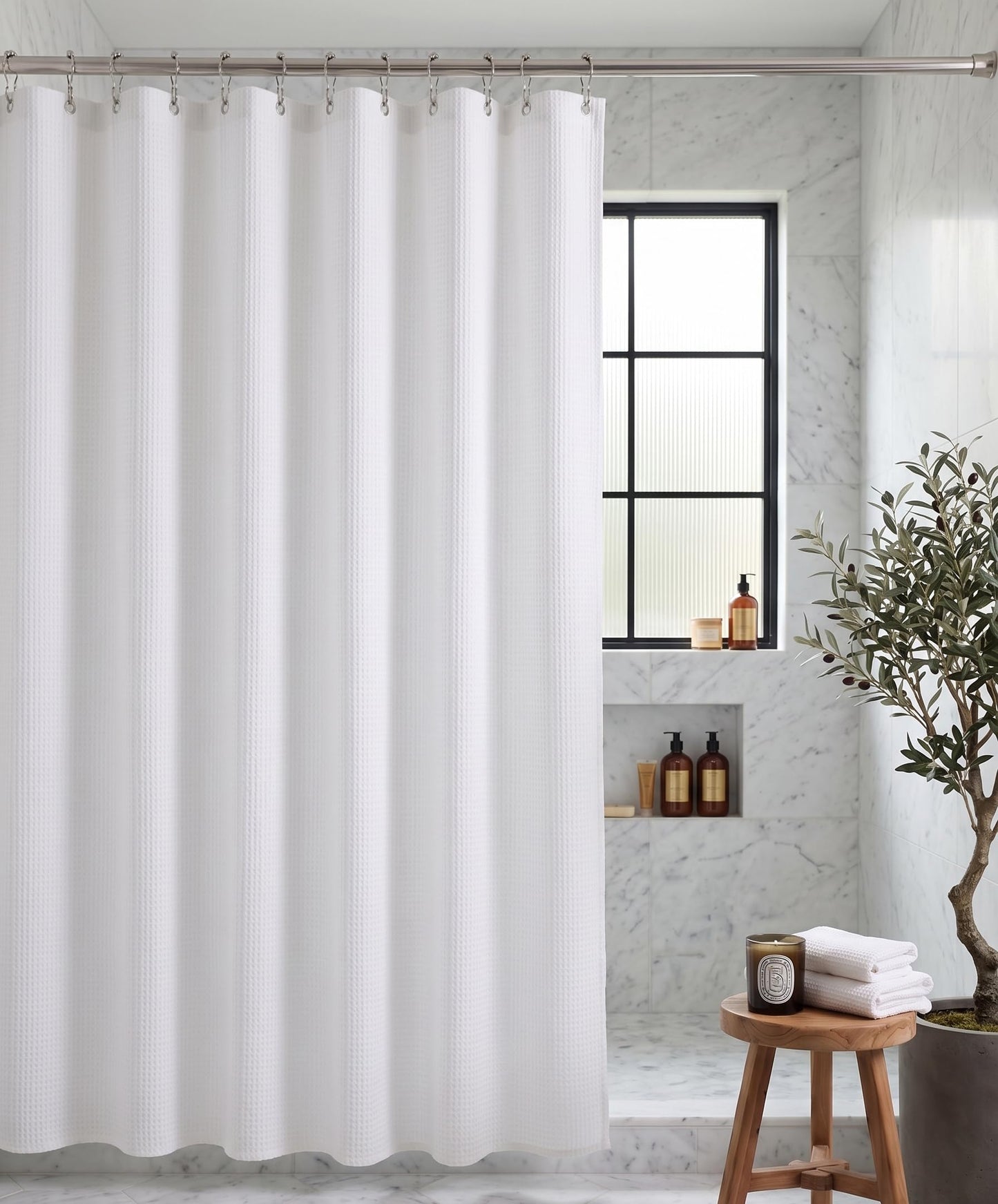 Mantto Waffle Shower Curtain Set, Premium Diamond Texture Fabric Shower Curtains for Bathroom, No Liner Needed, Waterproof & Heavy Duty with Weighted Hem with 12 Metal Hooks, 72 x 72 Inches, White