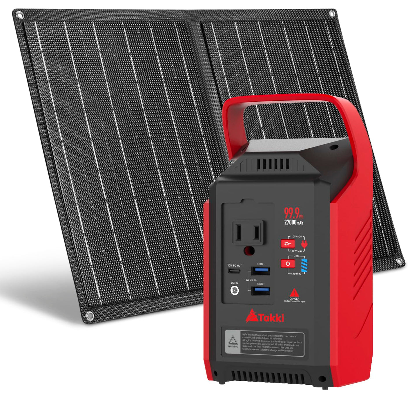 Takki 120W Peak Solar Generator Portable Power Station with Panels 21W Included, 99Wh Solar Power Bank Charger AC Outlet for Camping Emergency Outdoor Tent