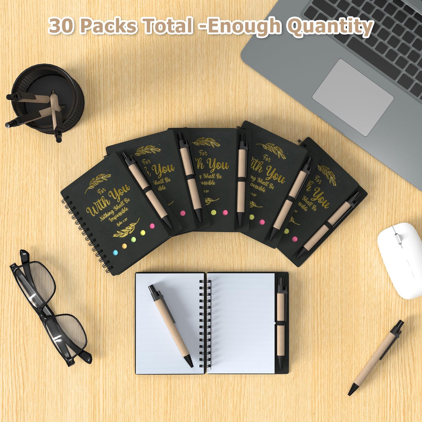 HochoLii 30 Pack Spiral Notebooks with Pens,Notebook in Bulk with Positive Words, Bulk Christian Gifts,Coworker Gifts,Prayer Journal,Small Gifts,Black