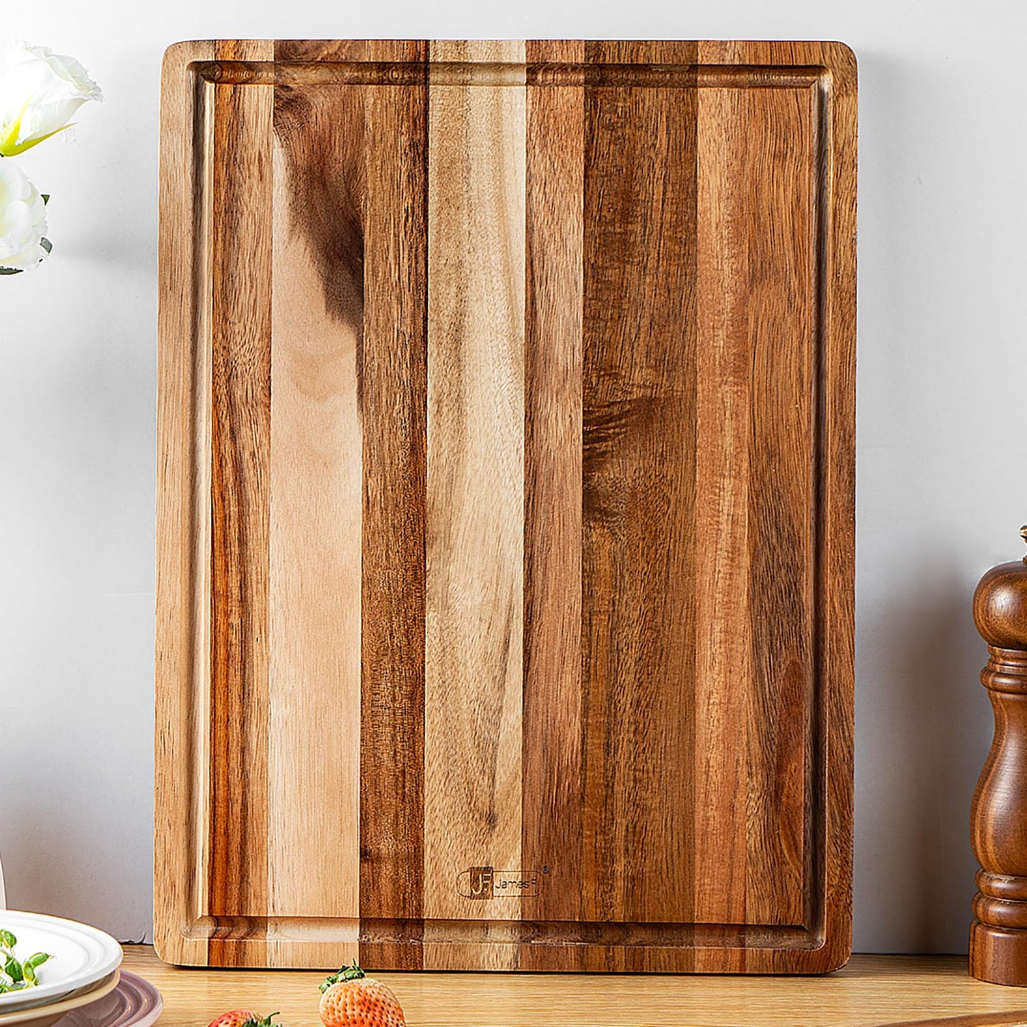 Wood Cutting Board,James.F Thick Acacia Wooden Cutting Board with Juice Groove, Reversible Charcuterie Serving Board for Kitchen, Large Chopping Board for Meat Bread Cheese(15.7” x 11.8“ x 0.7”)