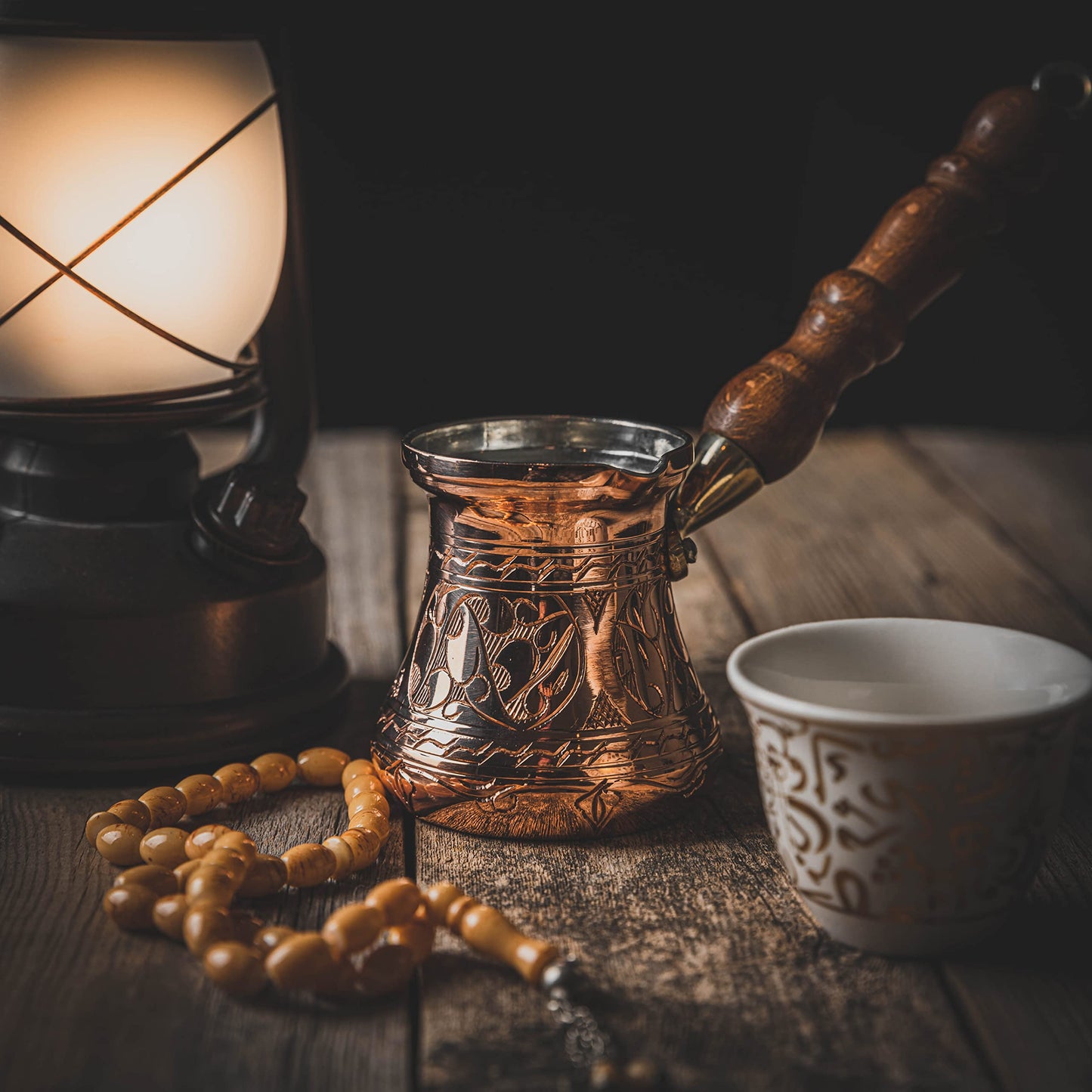 PC Series (Small- 6 fl oz) - Thickest Solid Copper Engraved Turkish Greek Arabic Coffee Pot Wooden Handle Heavy Duty, Stovetop Coffee Maker, Jazzve, Cezve, Ibrik with Hammered Base