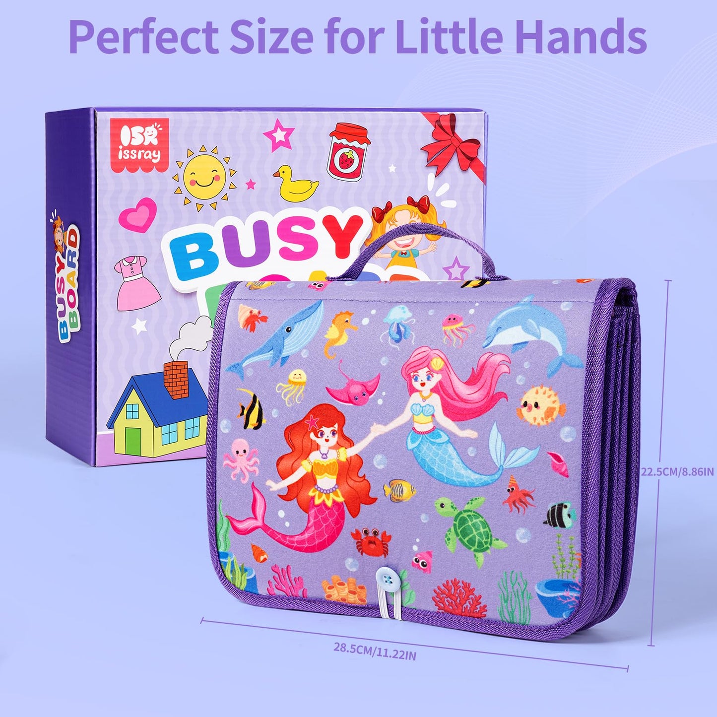 Toddler Busy Board Montessori Toys, 12-Page Busy Book, Quiet Educational Activity Book, 24 in 1 Learning Sensory Toys for Motor Skills, Travel Toy for Car Airplane, Girl Birthday Gift (Mermaid)