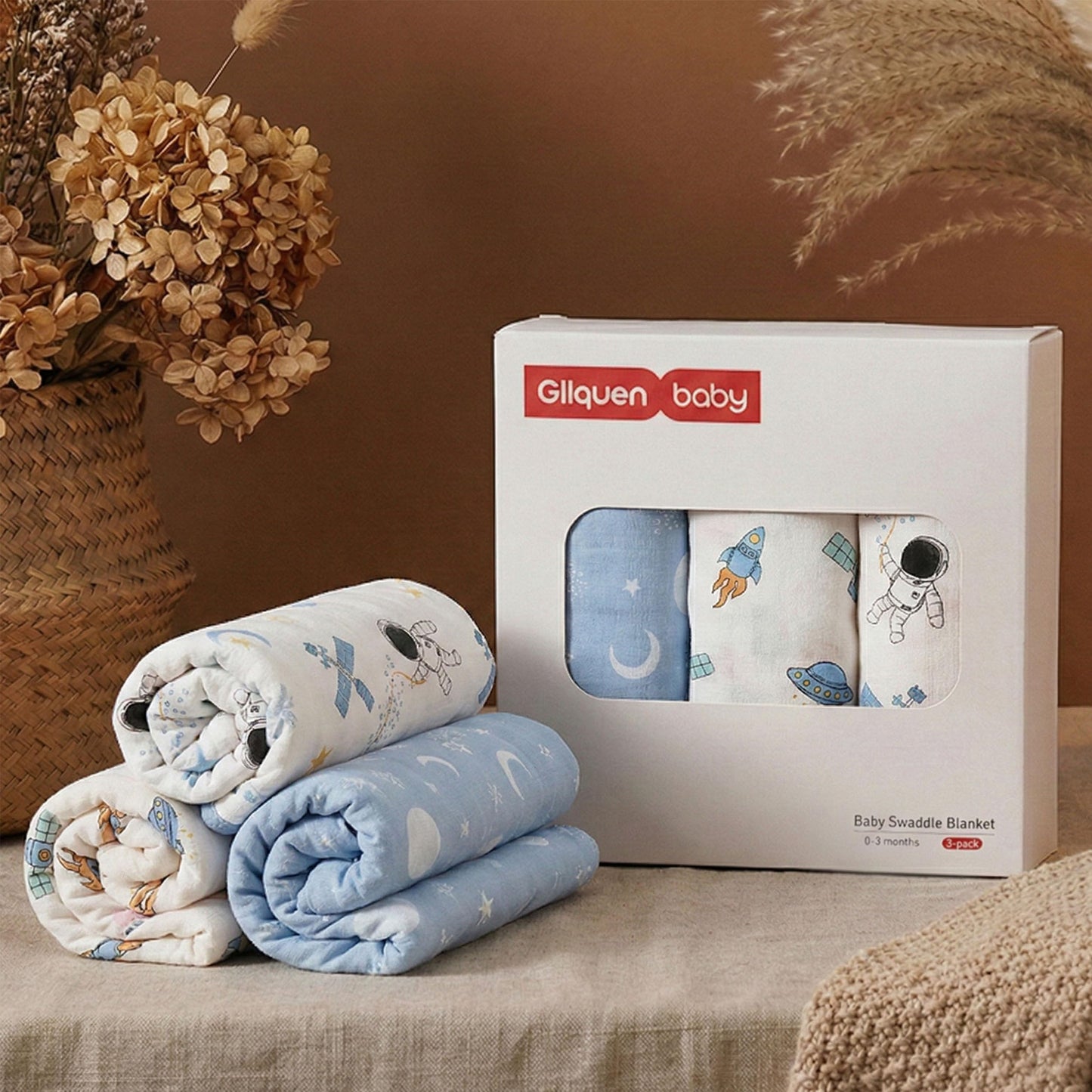 GLLQUEN BABY 3-Pack Organic Baby Swaddle Sleep Sacks for Newborn - Baby Swaddles 0-3 Months, Baby Swaddle Sack, Blue & Elephant & Stripe, Baby Swaddle Blanket Wrap (Small/Medium)