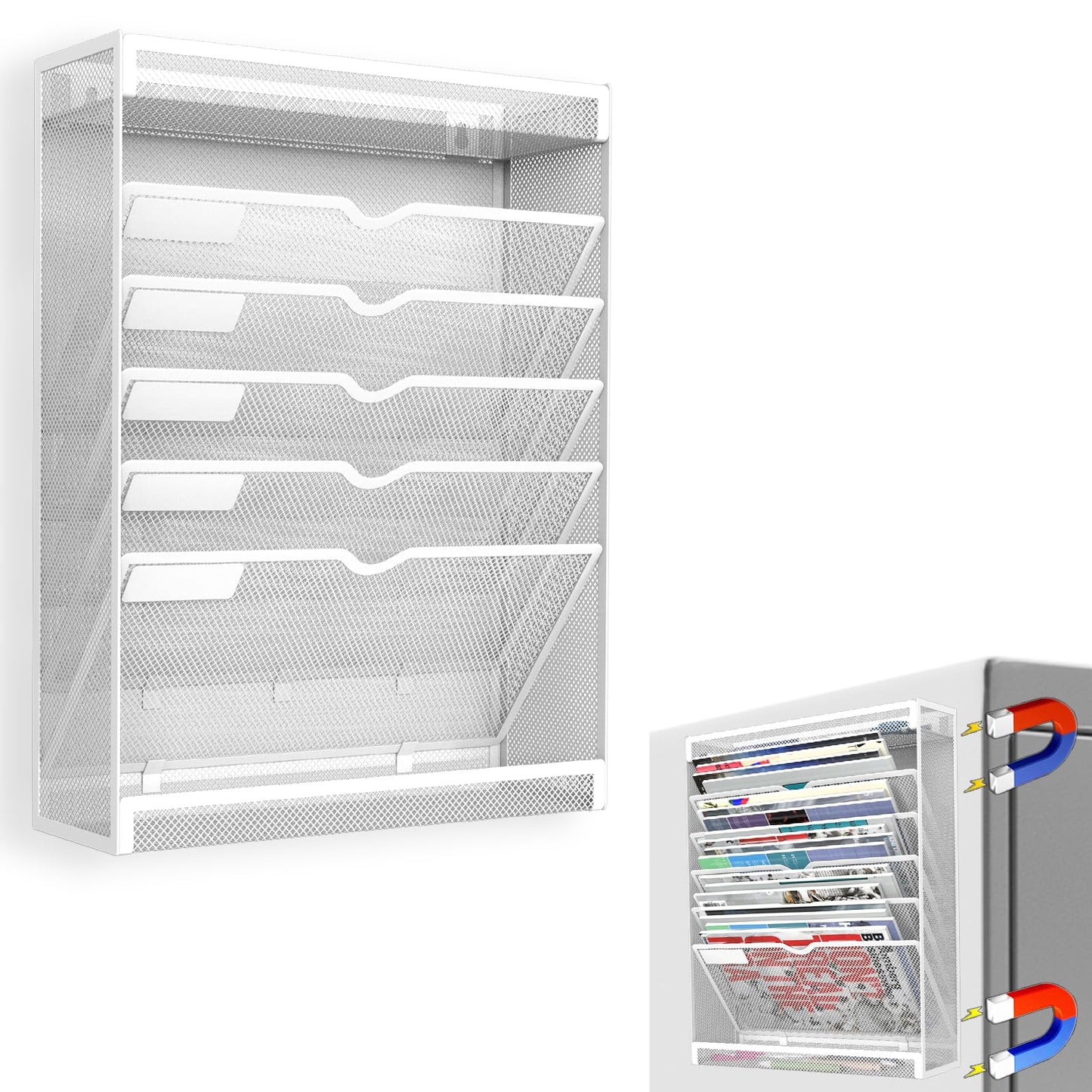 LQPAFZ 7 Tier Magnetic File Holder, No Drilling Wall File Organizer for File Cabinets Whiteboard Refrigerator,Office,Classroom, Hanging Paper Folder Holder, White