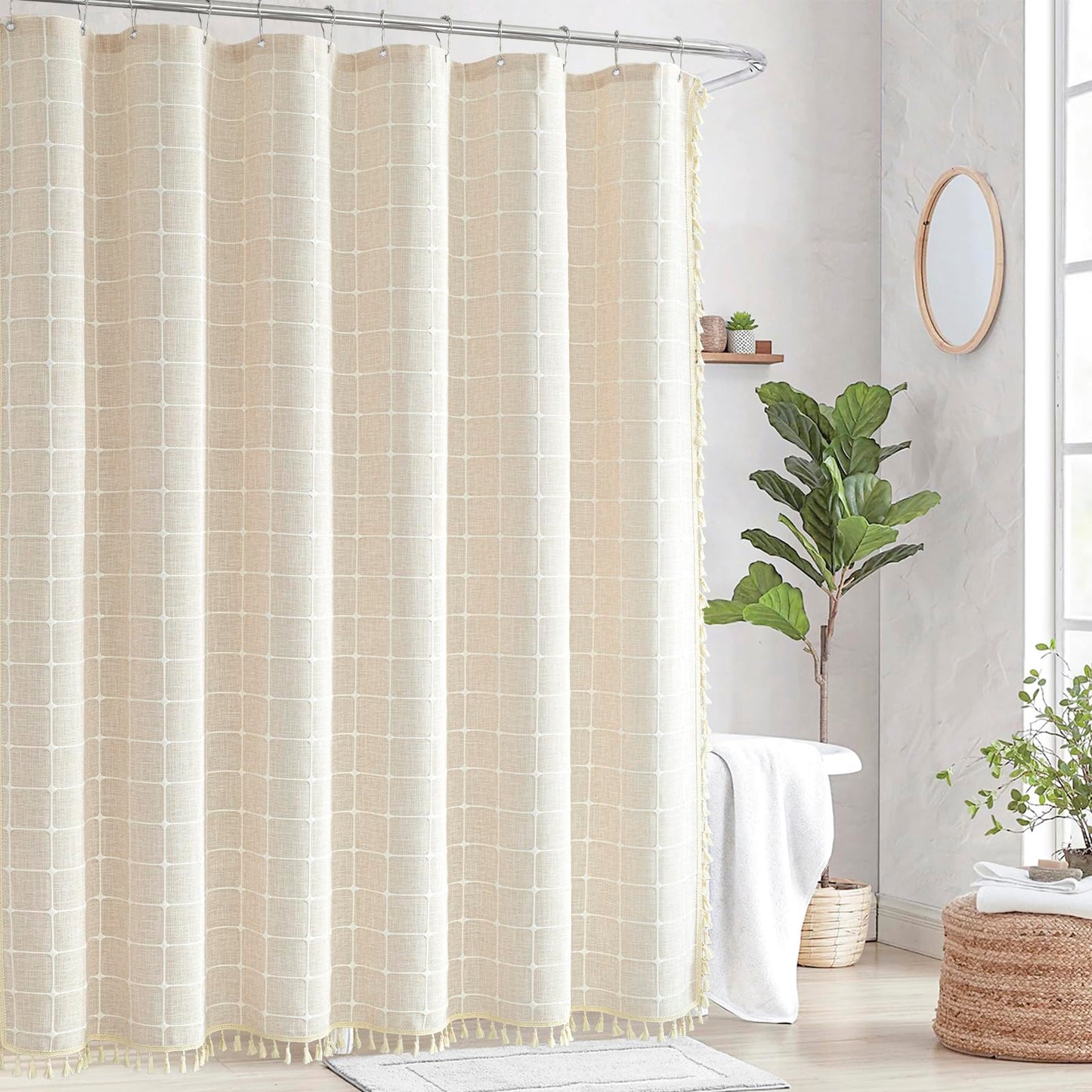Boho Farmhouse Shower Curtain Beige Linen Shower Curtains 72 x 72 inch