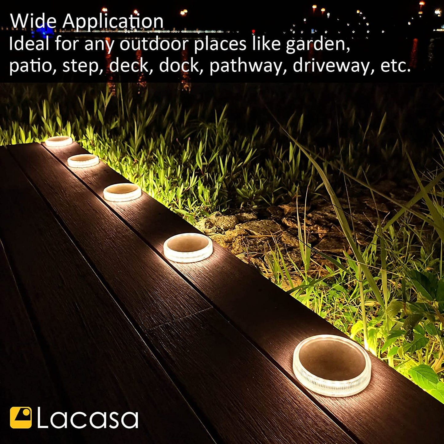 Lacasa Solar Deck Lights, 4 Pack Solar Powered Step Lights LED Dock Driveway Walkway Lights, IP68 Waterproof Auto ON/Off Solar Outdoor Landscape Lighting for Garden Stairs Pathway, Warm White 3000K