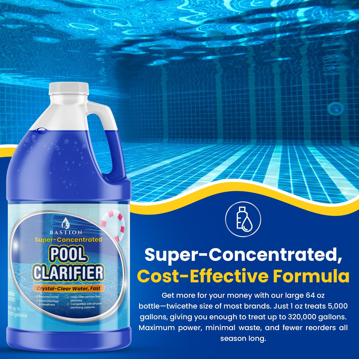 Pool Clarifier & Water Flocculant – Super Concentrated Blue Floc for Cloudy Above Ground & Inground Swimming Pools – 64 oz – Chlorine, Saltwater, Chemicals Compatible – 1 oz Treats 5,000 Gallons