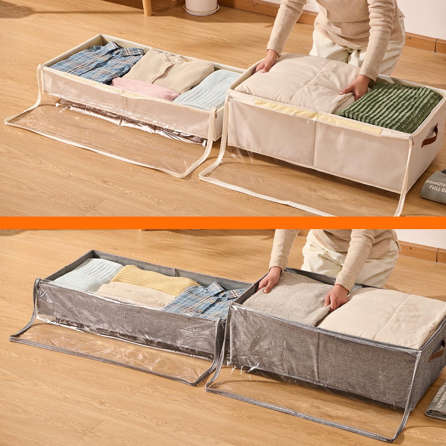 KitHero 6 Inches Under Bed Storage with Wheels Pack of 2, Underbed Shoe Storage Container Bin with Clear Lid Cover, Rolling Under Bed Drawer Storage Bag Basket for Shoe Organizer Sheet Sweater - White