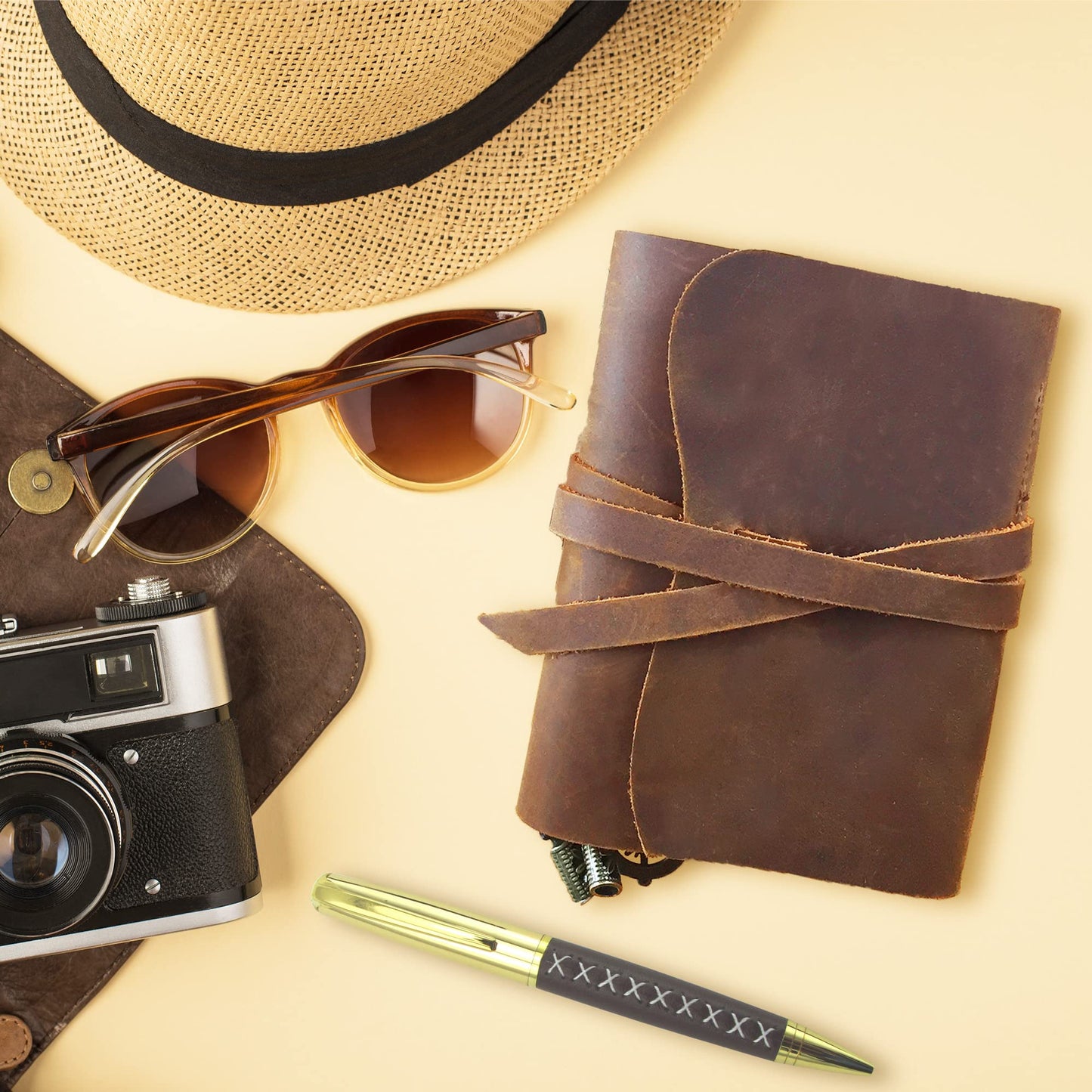 Passport Travelers Notebook Pocket Refillable Leather Journal Amazing Bundle - Small Vintage Genuine Leather Notebook for Writing, Travel Diary, Daily Planner TN 5.4 x 4.3 Pen Holder 3 Papers Zipper