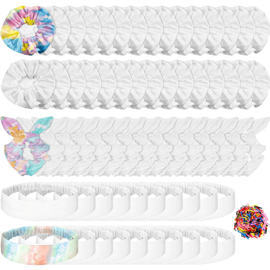 65 Pcs White Cotton Scrunchies Hair Ties Accessories for Tie Dye Party Supplies Including 30 Scrunchies 15 Bow Hair Ties 20 Headband Non Slip Stretchy Elastic Head Wrap Holder for Women DIY Tie Dye