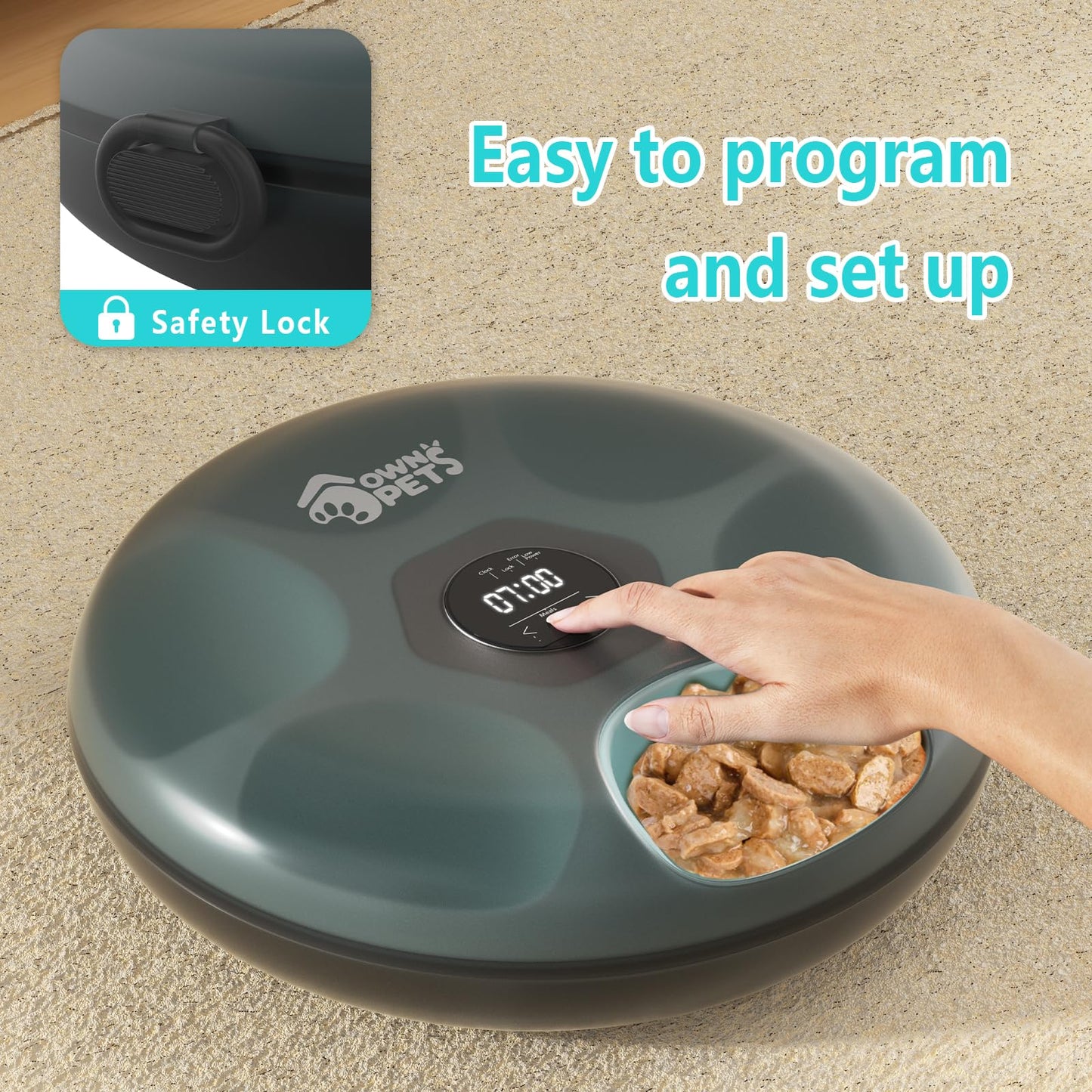 Ownpets 6 Meals Automatic Cat Feeder for Wet/Dry Food, with 2 Ice Packs, Programmable Timed Pet Food Dispenser, Cordless Rechargeable Battery Auto Feeder for Kitty/Small Dogs,Black