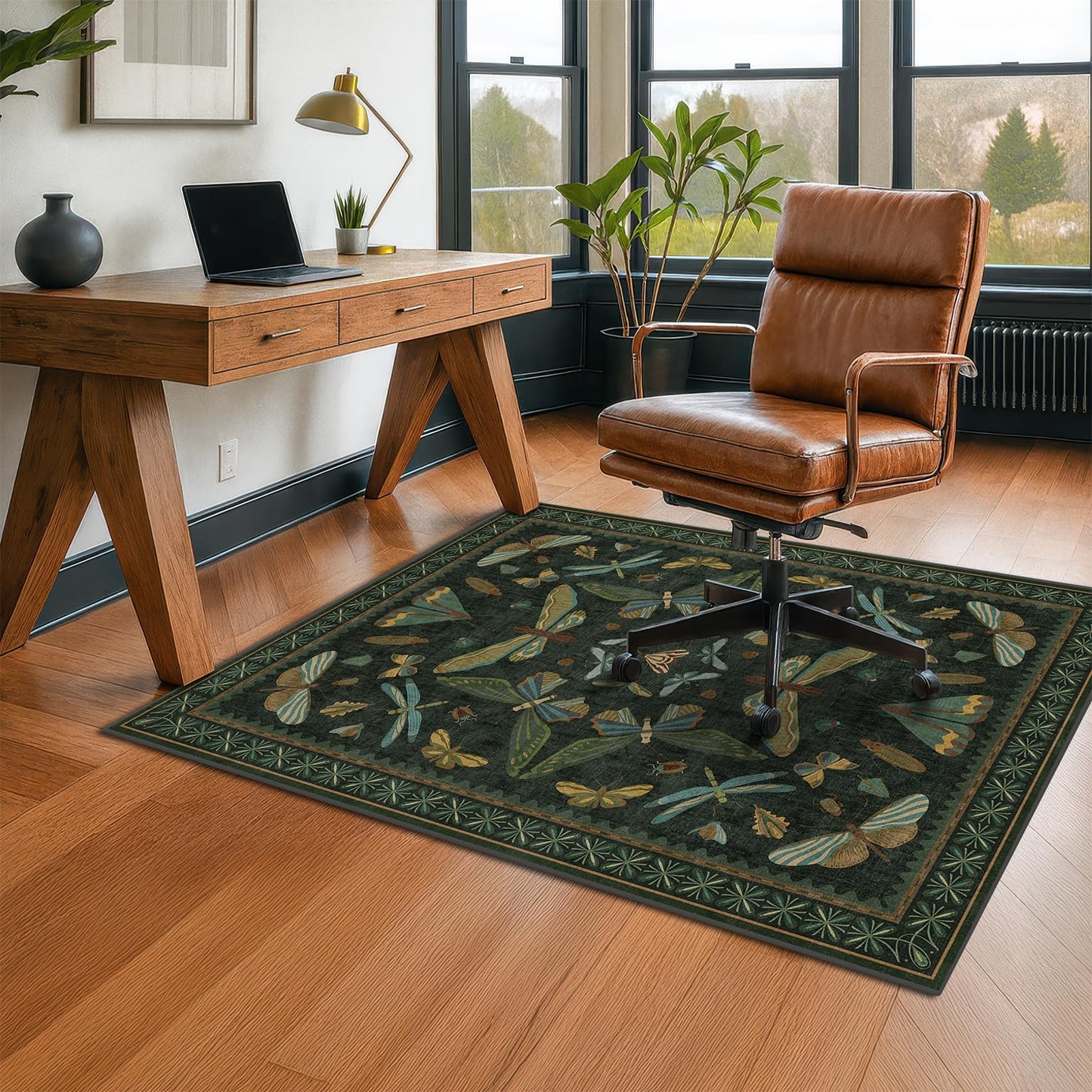 3'x4' Dark Green Office Chair Mat for Computer Gaming Chair, Slip-Resistant Heavy Duty Office Chair Rug, Hardwood & Tile Floor Protector, Washable Ultra Soft Low Pile Bug Rug