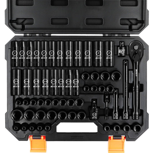 3/8" Drive Impact Socket Set, 59-Piece Standard SAE (5/16 to 3/4 inch) and Metric (6-22mm), Include 9-Piece E-Torx Socket Set (E5-E16) 丨Ratchet Handle, Extension Bar, Universal Joint, Adapter
