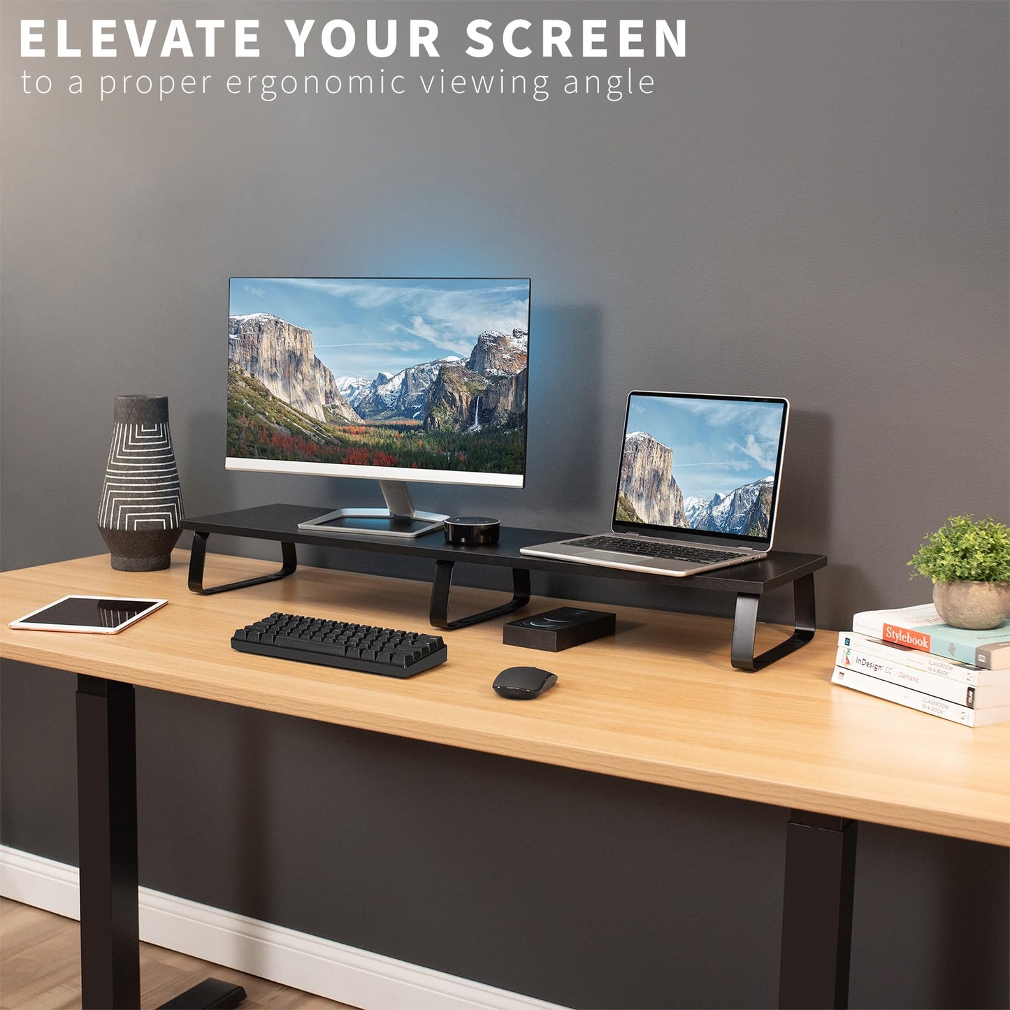 VIVO Black 39 inch Extra Long Monitor Riser - Wood & Steel Desktop Stand, Dual Screen, TV, Keyboard, Laptop, Ergonomic Desk and Tabletop Organizer STAND-V000DL