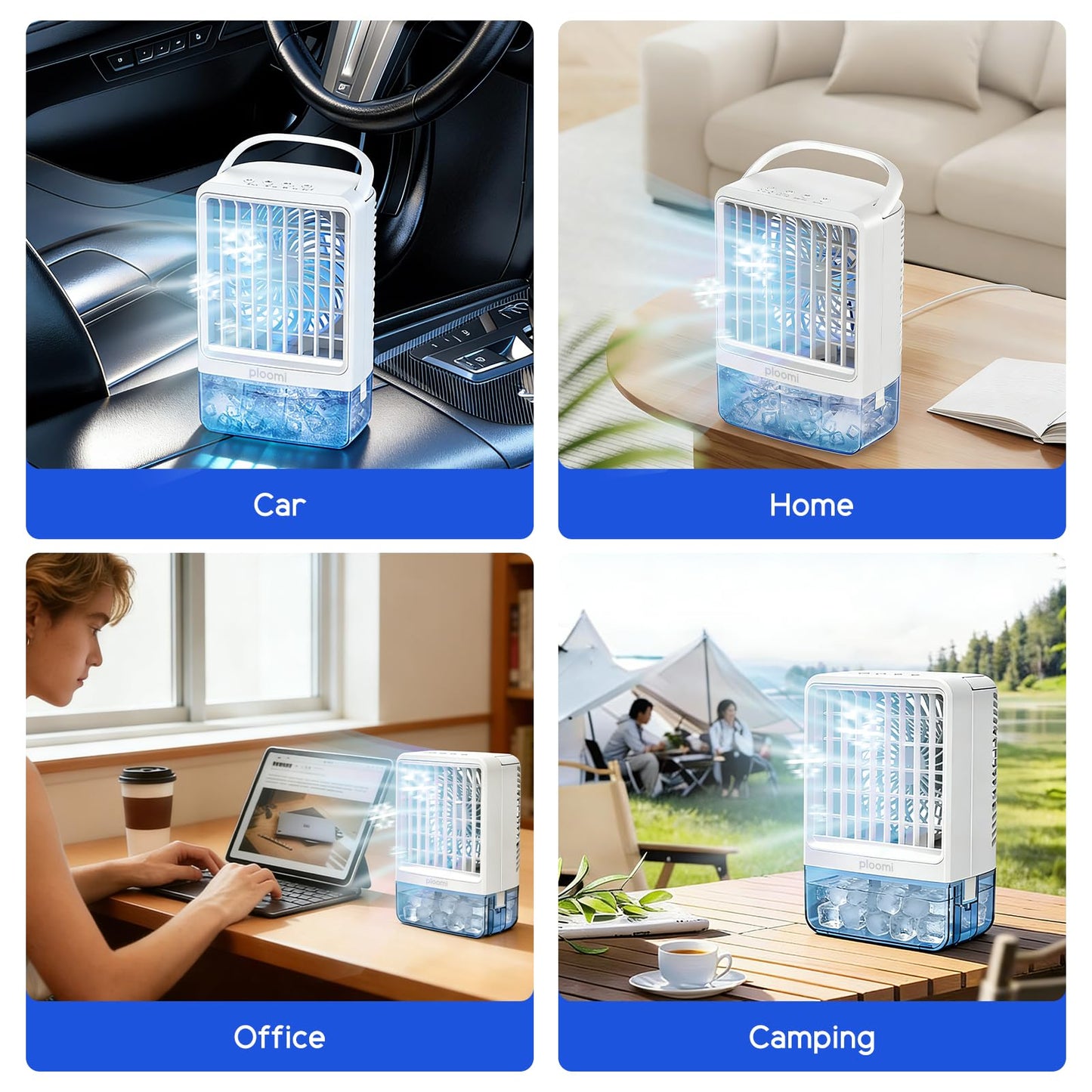 Ploomi Evaporative Air Cooler Fan, 4-in-1 Portable Personal Mini AC with Humidifier & 7 Color LED Night Light, 3 Speeds & 3 Mist Modes, USB Powered, for Bedroom Office Desk Camping Tent