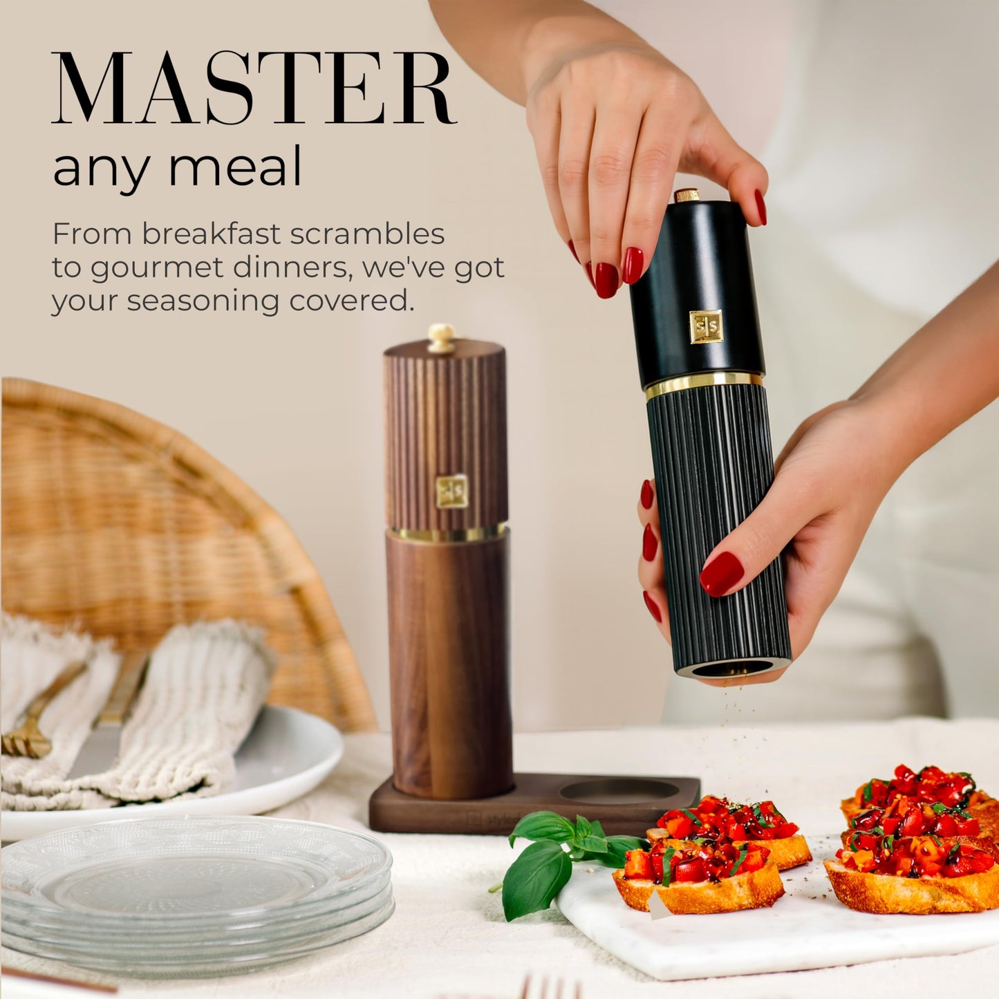 Wooden Salt and Pepper Grinder Set – Refillable Manual Salt and Pepper Mills with Adjustable Ceramic Burrs, Gold Detailing, and Acacia Wood Stand – Ideal Kitchen Gift
