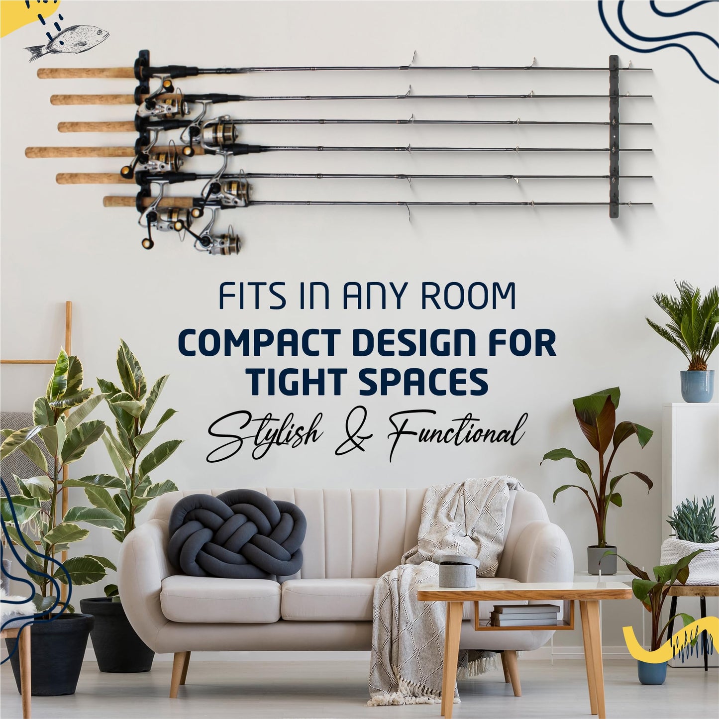 Rush Creek Creations, Ceiling Fishing Rod Holder for 6 Rods, Fishing Pole Holder for Garage Organization and Wall Storage, for Fishing Reels, Fishing Gear, and Fishing Accessories (2 Horizontal Rack)