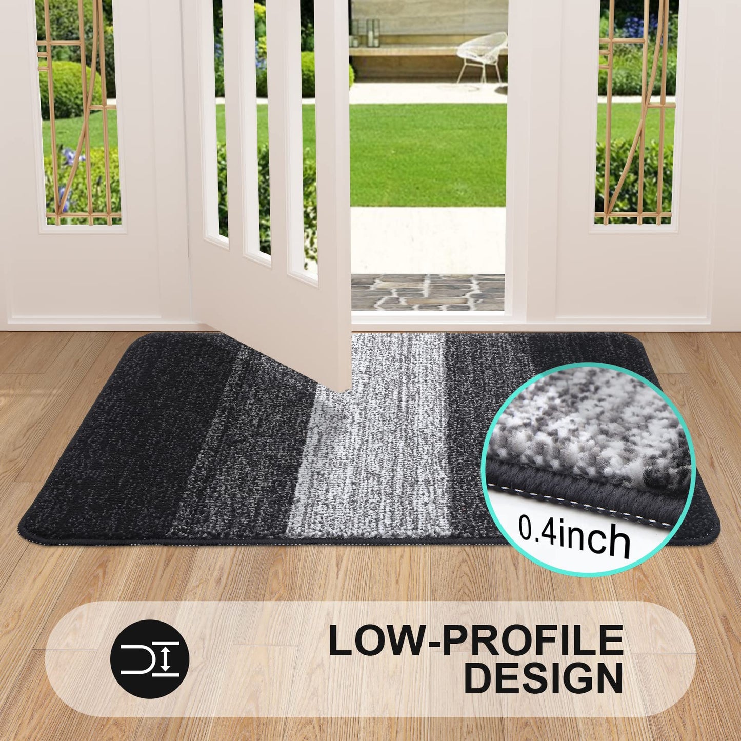 Grandaily Indoor Doormat, 32" x 48" Non-Slip Mud Trapper Absorbent Front Door Mats, Washable Striped Inside Entryway Mat, Low-Profile Welcome Mat Entrance Mat, Black