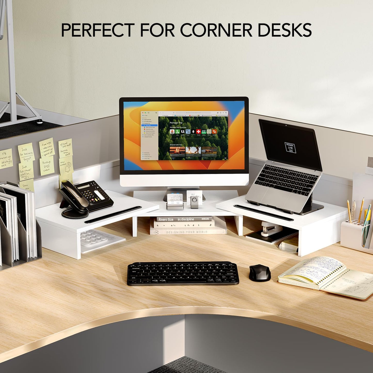 AMERIERGO Dual Monitor Stand -Adjustable Length and Angle, Computer Monitor Stand w/2 Slot, Desktop Organizer, Dual Monitor Stand Riser for PC, Computer, Laptop, White