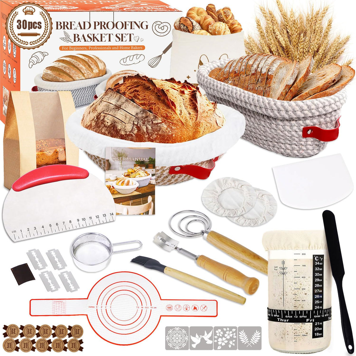 Sourdough Bread Baking Supplies Kit, 10" Oval & 9" Round Bread Proofing Basket Set Jar Scraper Scoring Lame Brush Short Danish Whisk, Sourdough Starter Kit Gift for Bread Making (Oval & Round & Jar)
