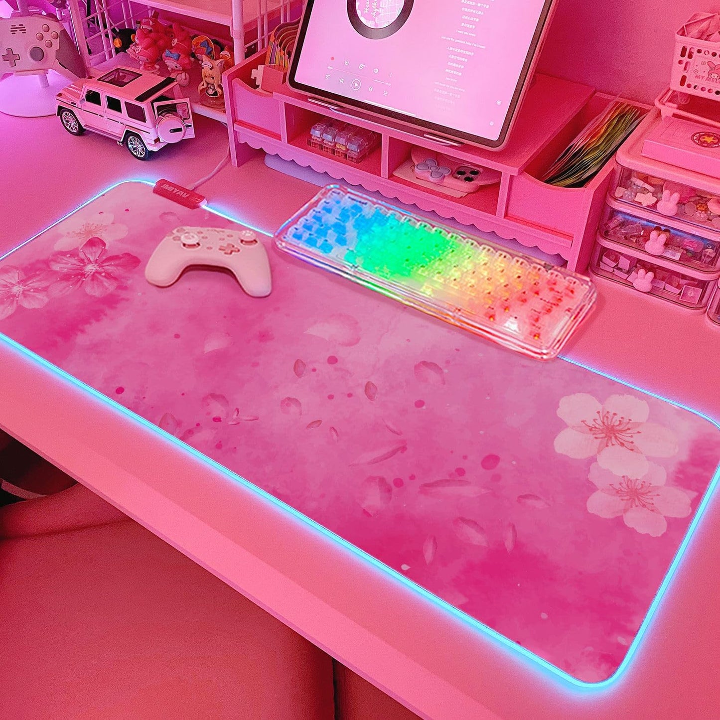 JMIYAV Pink RGB Gaming Mouse Pad 31.5x12 Inch PC XL Large Extended Mouse Pad Glowing LED Light Up Desk Pad Non-Slip Rubber Base Computer Cute Mousepad Mat Cherry Blossom