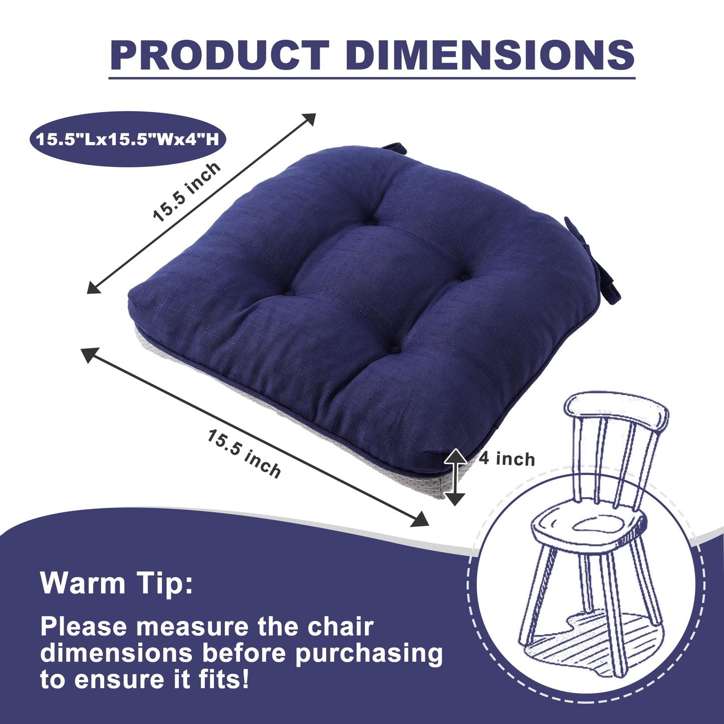 Battilo Chair Cushions Set of 2 for Reading Seats, Seat Cushions for Kitchen Dining Chairs with Non-Slip Backing, Indoor/Outdoor Waterproof Chair Seat Pads with Ties, 40cm x 40cm x 10cm, Navy
