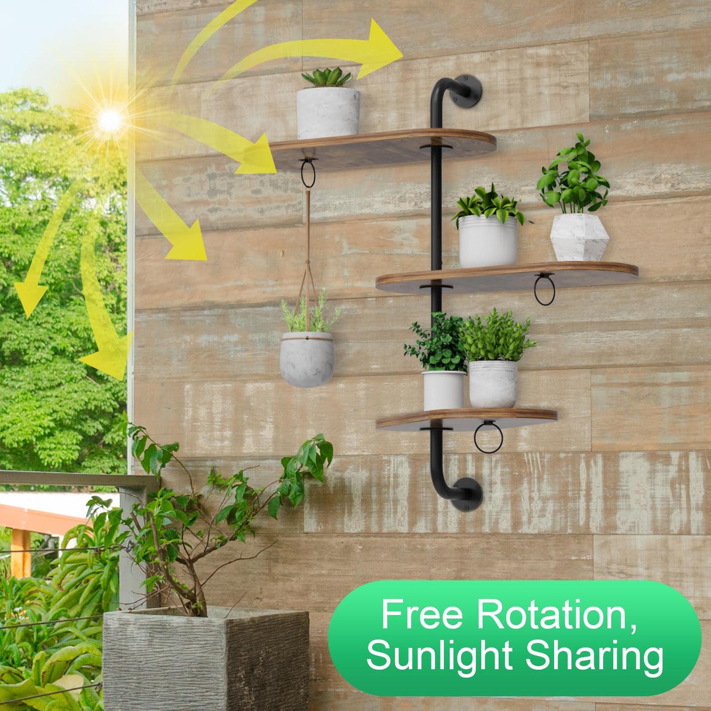 VyGrow Rotating Window Plant Shelves with 3 Anti-slip Mats, 3 Tier Plant Stand Indoor Outdoor, Wooden Window Plant Shelf with 3 Circle Hooks, Hanging Plant Holder for Window, Potted Plants, Flowerpots (Antique Color)