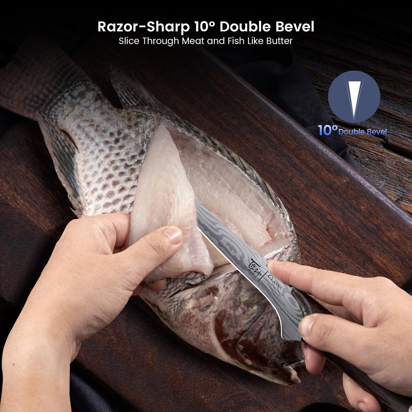 SYOKAMI Fillet Knife, Razor Sharp 7.2 Inch Boning Knife, High Carbon Stainless Steel Filet Knives with High Flexibility, Wooden Handle, Full Tang Damascus Pattern Fish Knives, Ideal for Gifting