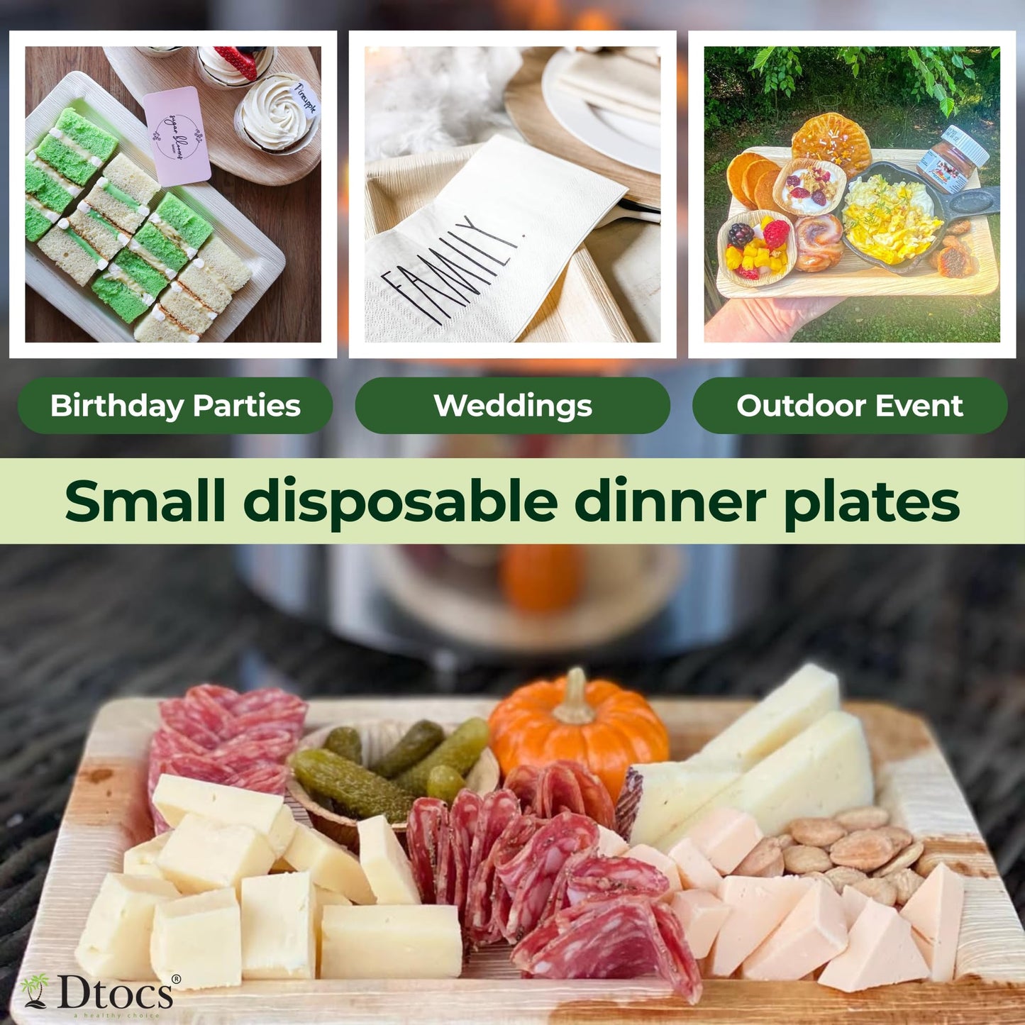 Dtocs Rectangle Disposable Plates 7x11 Inch (50) | Heavy Duty Palm Leaf Plates with Wood Serving Tray Look | Serving Trays, Charcuterie Boards, Appetizers | Alt to Rectangle Paper Plates