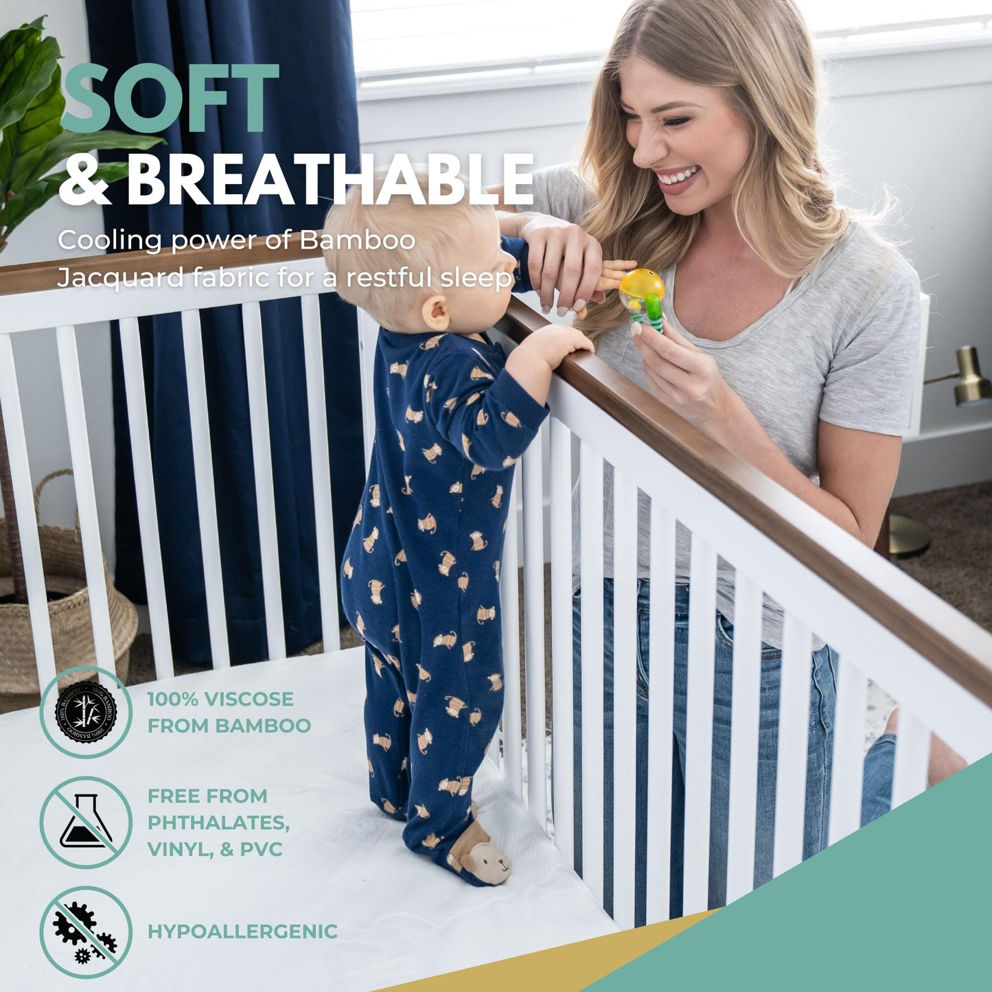 Crib Size 28x52” Premium Bamboo Waterproof Mattress Protector 100% Viscose from Bamboo, Hypoallergenic, Cooling Mattress Pad Cover, Soft Breathable Fitted Sheet Style up to 18" Deep - Rest Line