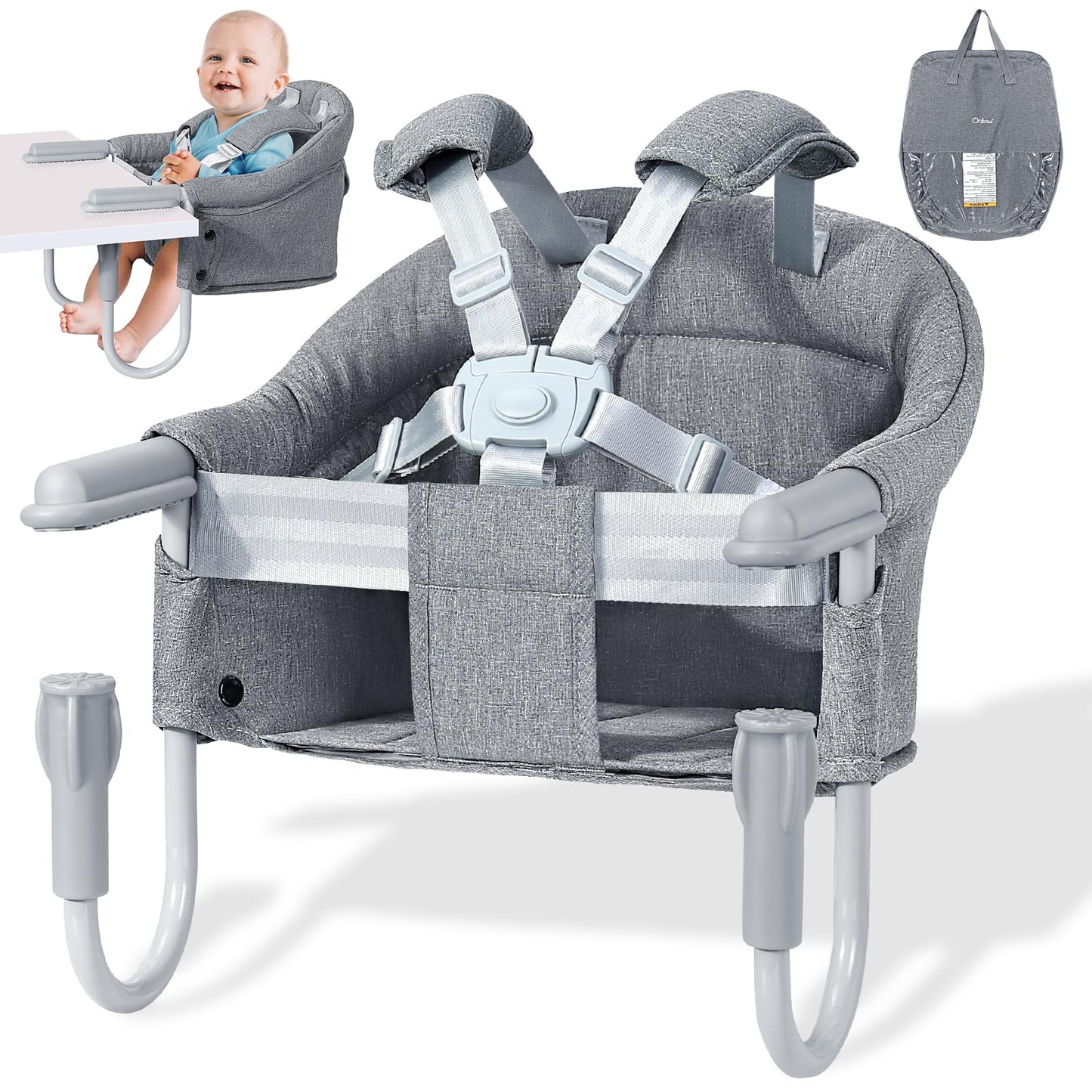 Orzbow Hook On High Chair, Portable Table Highchair Seat for Babies & Toddlers 6-36 Months, Collapsible Clip On Counter High Chair with Carry Bag for Travel, Home and Restaurant, Easy Clean, Gray