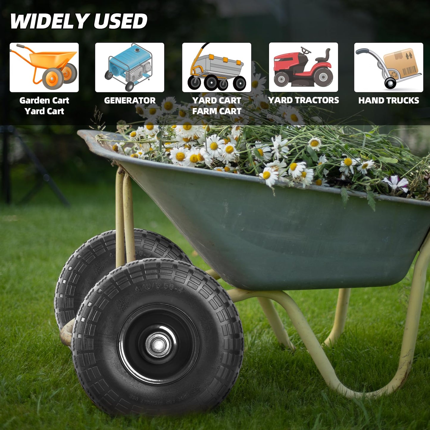 AR-PRO (2 Pack) 4.10/3.50-4 Flat Free Tire and Wheel, 10-Inches Solid Tires for Wheelbarrow, Dolly, Hand Truck, Wagon, Garden Cart, Generator Wheels Replacement - 5/8" Bearings, 2.2" Offset Hub